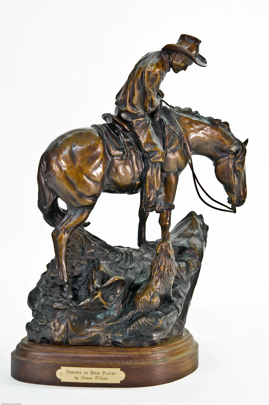   Friends in High Places   Year:&nbsp;2012  Edition: 25  Size:&nbsp;18 x 15 x 9 (h x w x d, inches)   Friends in High Places depicts a team of hard-working stock handlers. A fine horse and a good dog make long days working cattle in the high country 