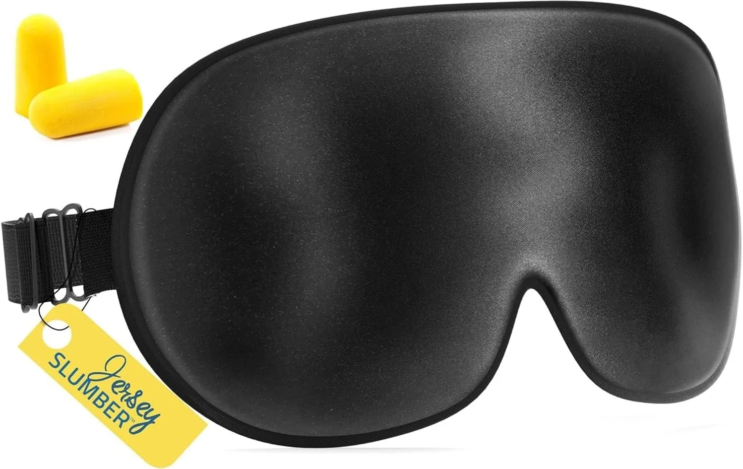 Black sleep mask with a tag that reads JerseY SLUMBER and yellow earplugs next to the mask.