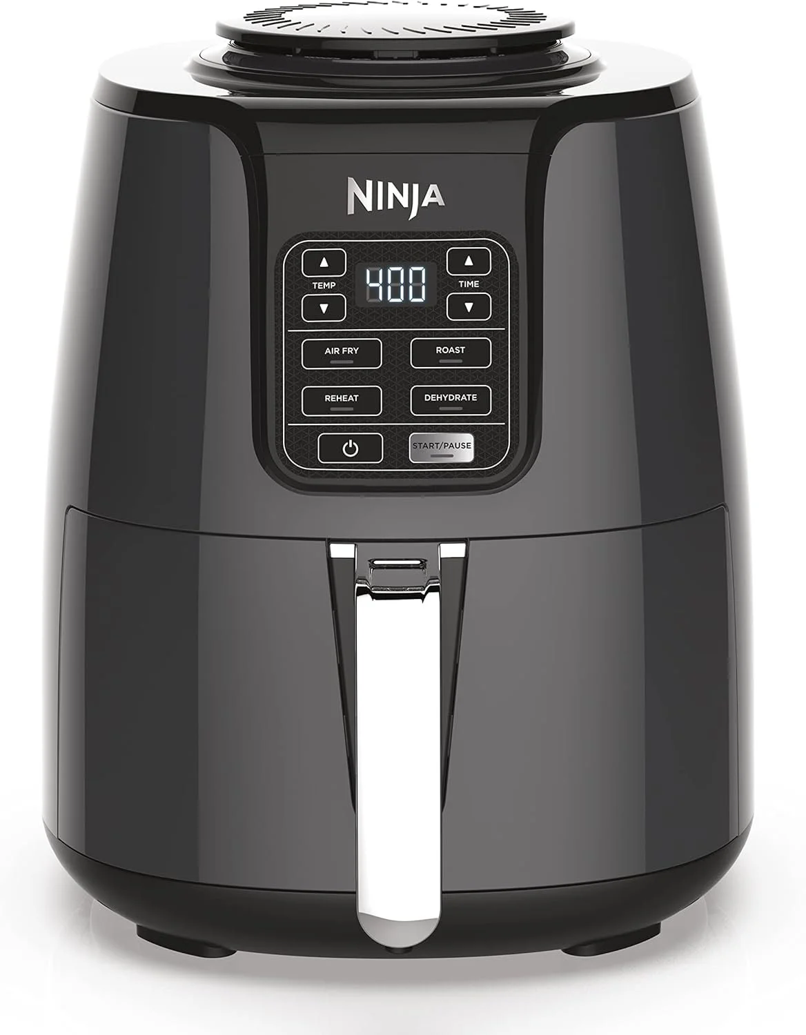 Black Ninja air fryer with digital control panel displaying temperature at 400 degrees.