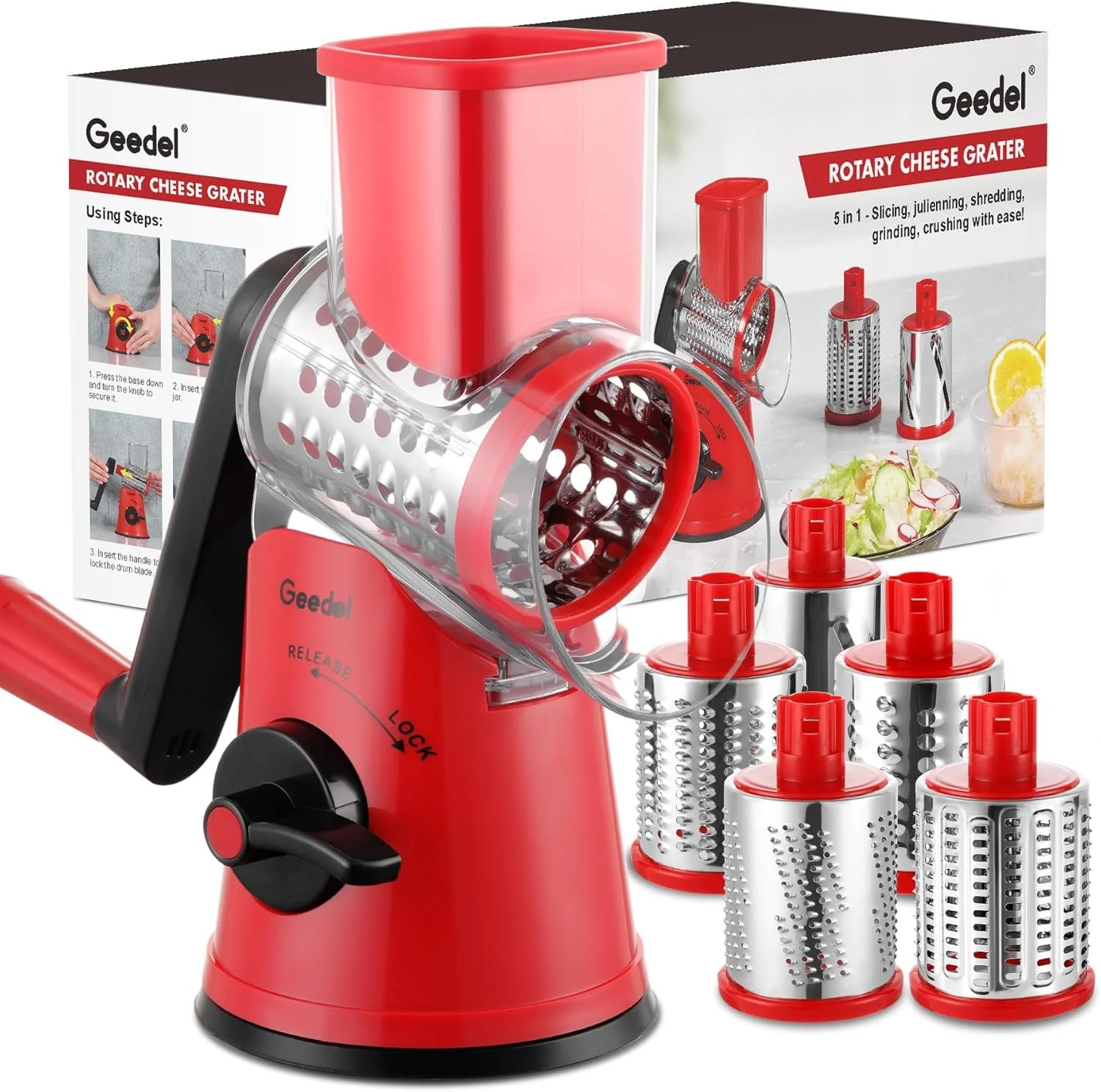 A red and silver Geedel rotary cheese grater with multiple removable grating drums, a handle, and a storage compartment for the drums. The box shows the grater and its accessories, with steps for use and a picture of shredded cheese and vegetables.