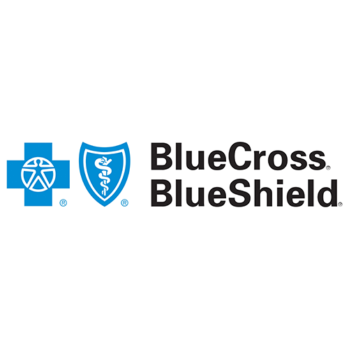 BlueCross and BlueShield logos side by side, with the BlueCross logo featuring a blue cross and the BlueShield logo featuring a shield with a snake and staff symbol.