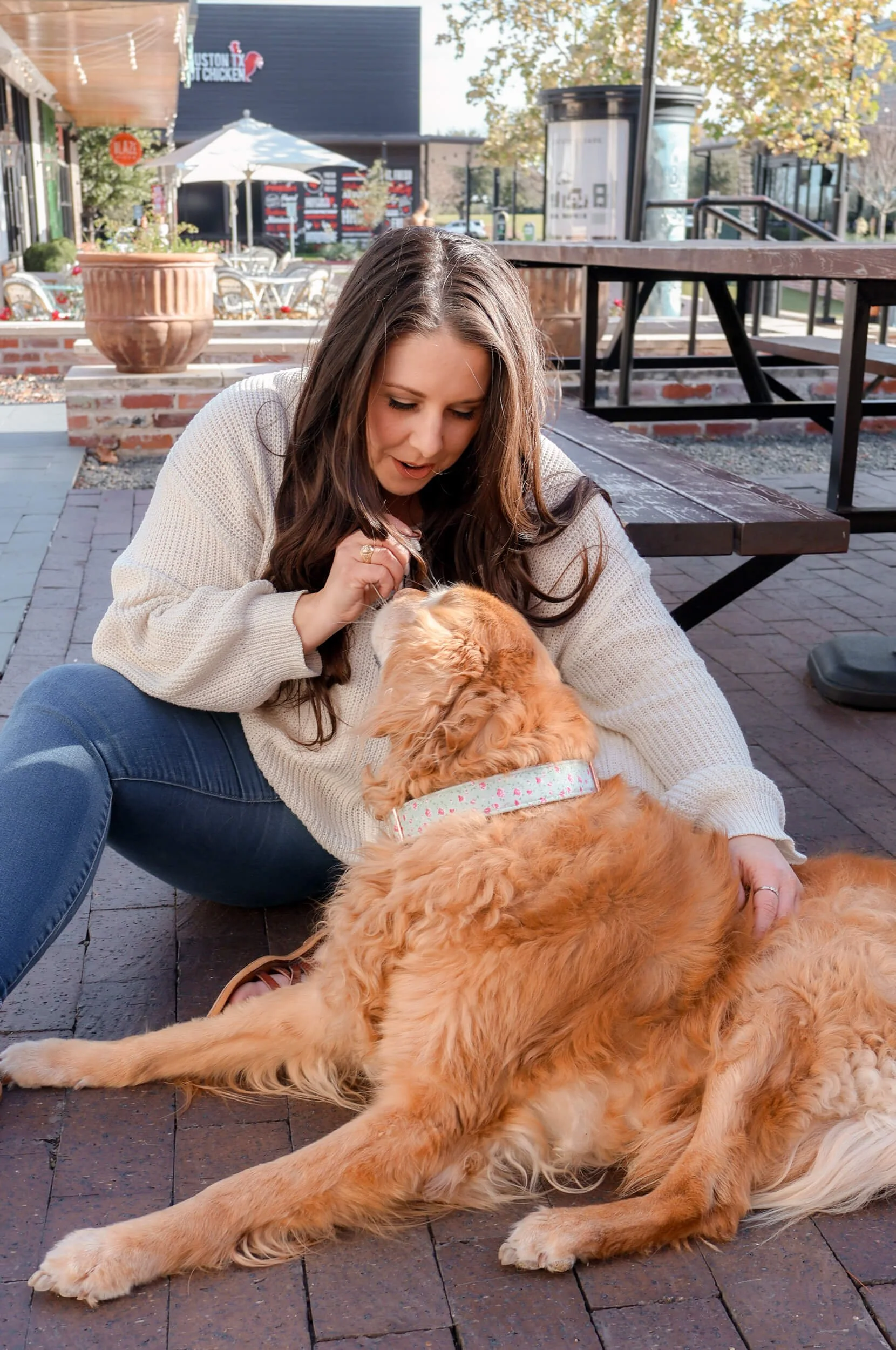 A woman sitting on a brick sidewalk playing with a large golden retriever dog.