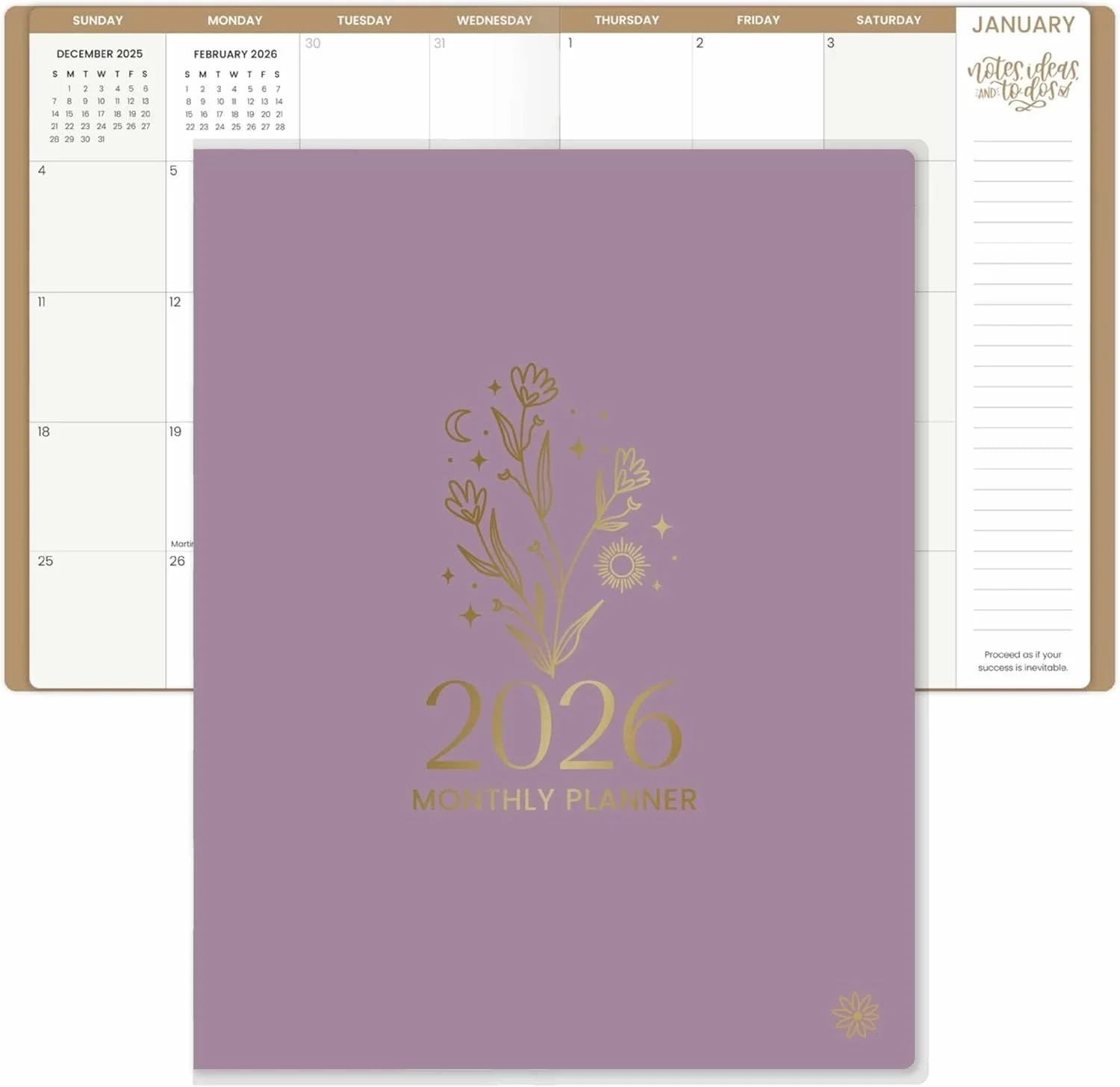 A 2026 monthly planner with a purple cover featuring gold foil illustrations of flowers, stars, a crescent moon, and a sun, labeled '2026 Monthly Planner'.