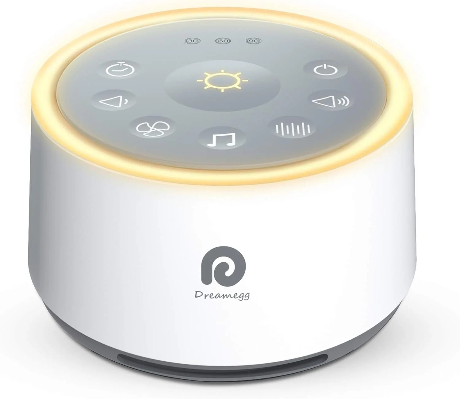 A white Dreamegg smart speaker with a circular shape, illuminated control buttons on top, and a glowing yellow ring around the edge.