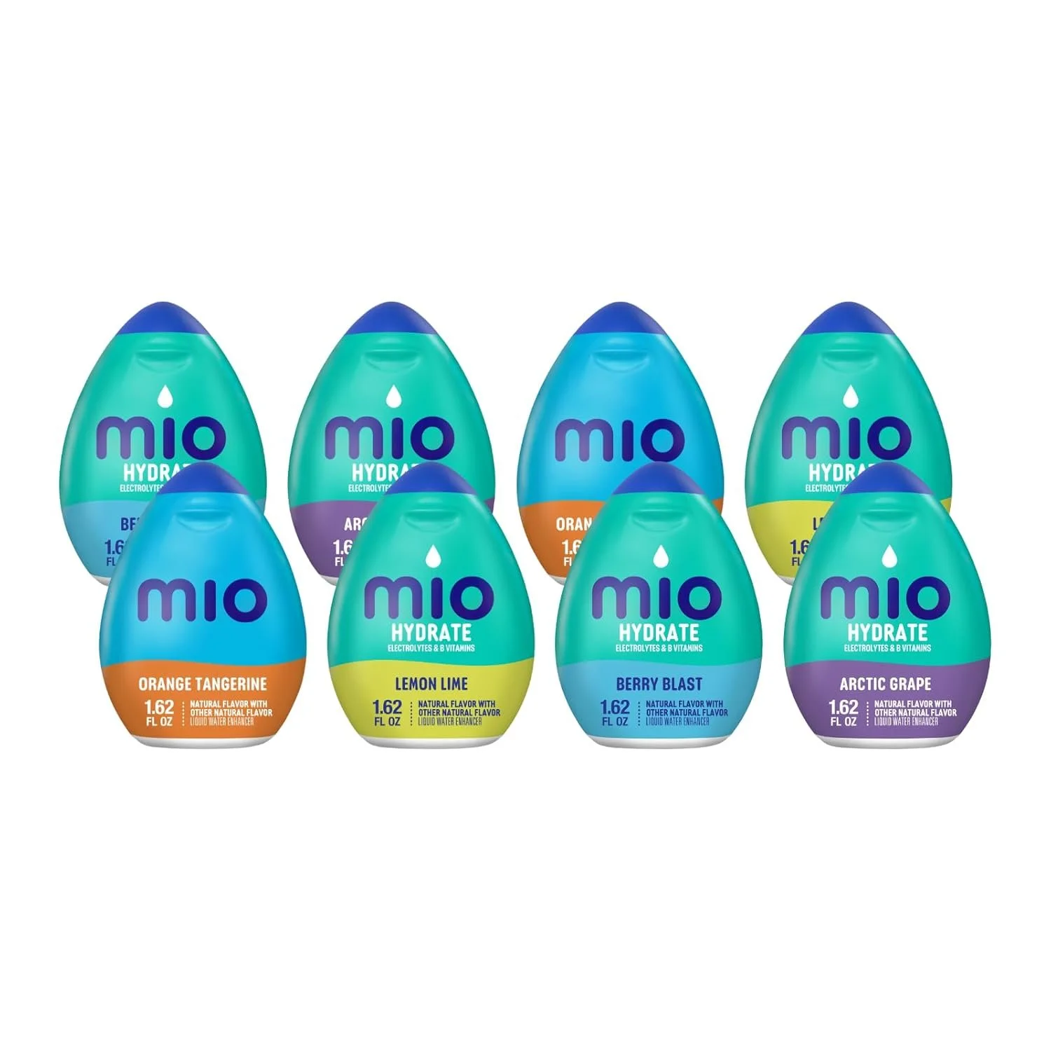 Nine bottles of Mio Hydrate liquid water enhancers in various flavors including Orange Tangerine, Lemon Lime, Berry Blast, Arctic Grape, and others, arranged in two rows.