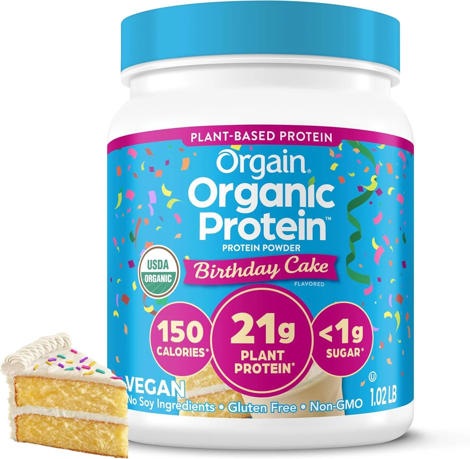 Container of Organ Organic Plant-Based Protein Powder in Birthday Cake flavor with confetti decoration, alongside a slice of birthday cake with white frosting and sprinkles.