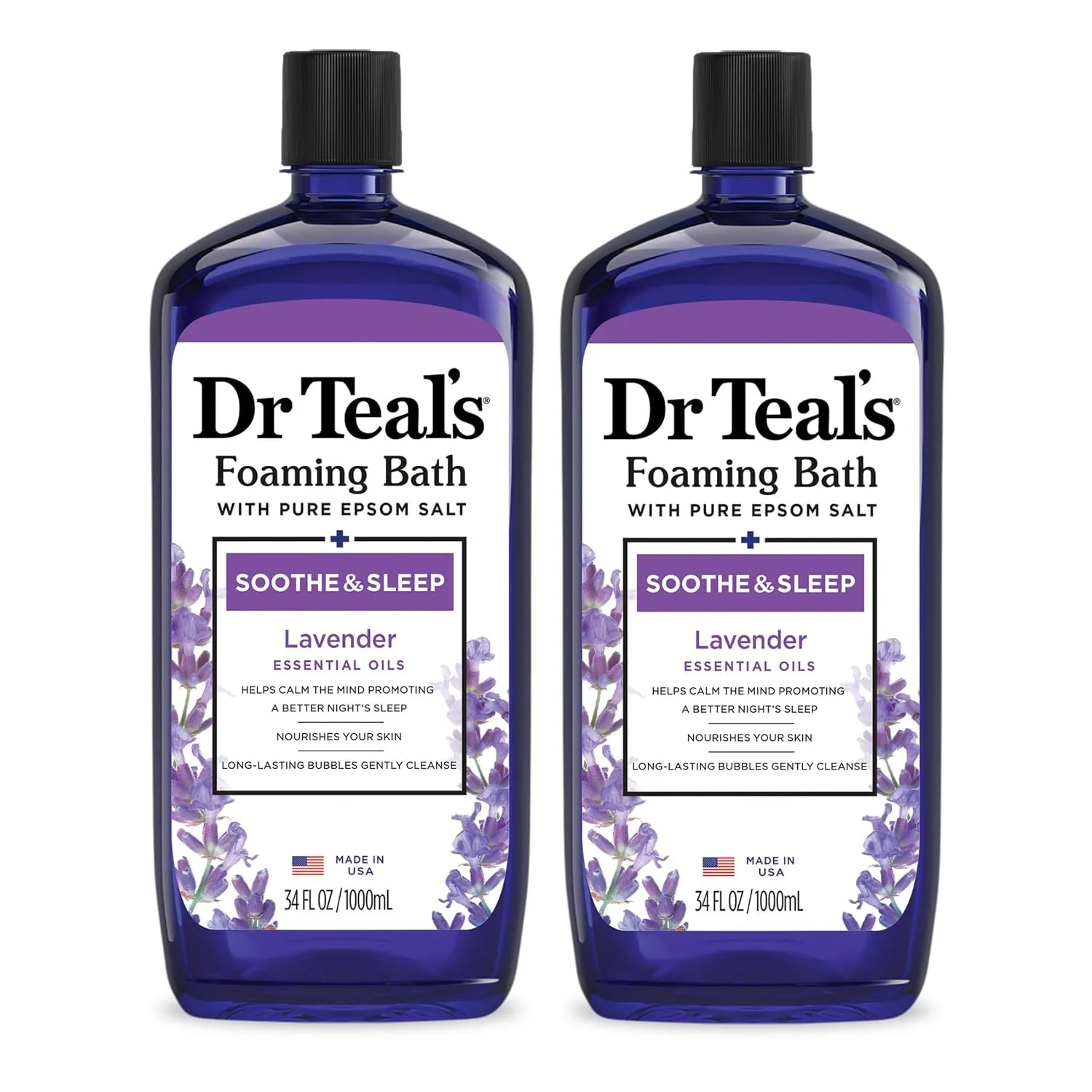 Two bottles of Dr Teal's Foaming Bath with lavender essential oils, labeled Soothe & Sleep, in a 34 fluid ounce/1000 milliliter size, made in USA.