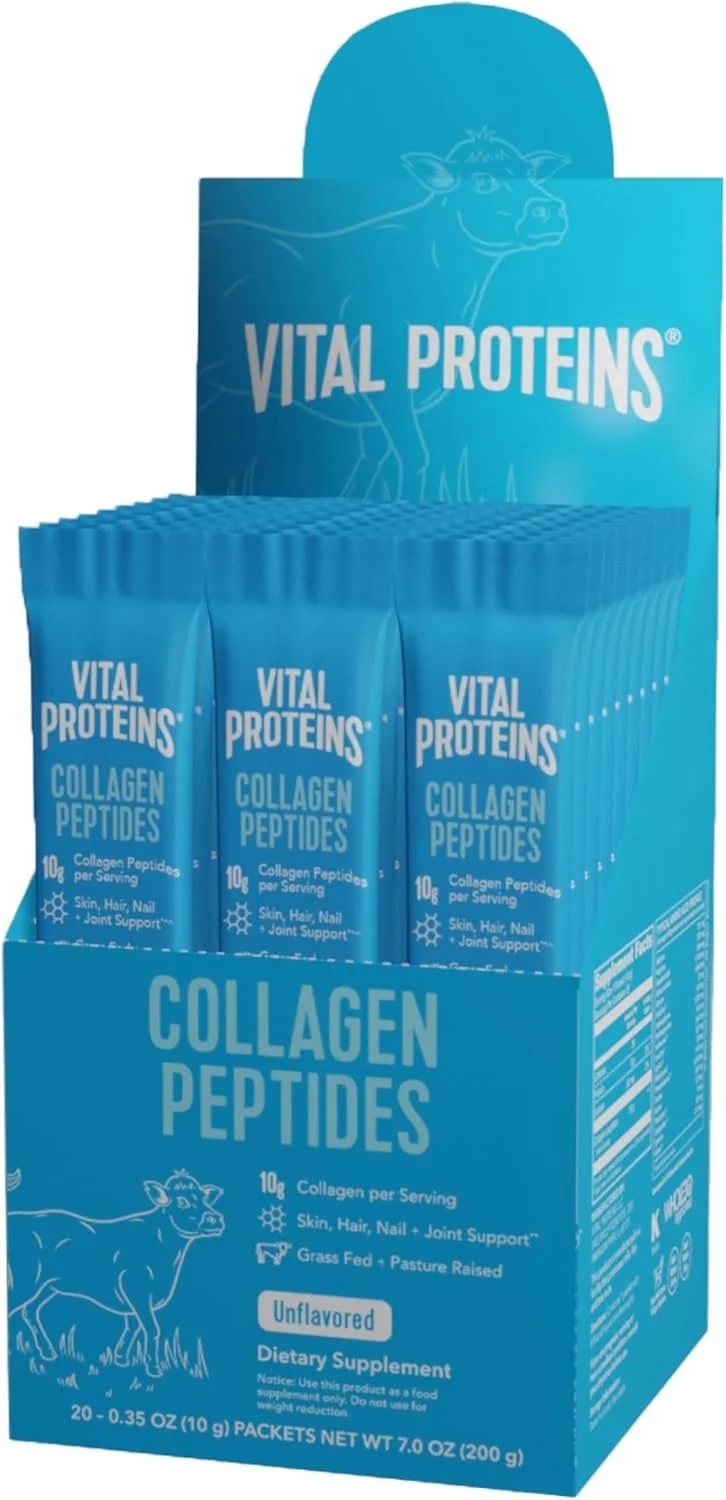 Blue box of Vital Proteins Collagen Peptides dietary supplement packets.