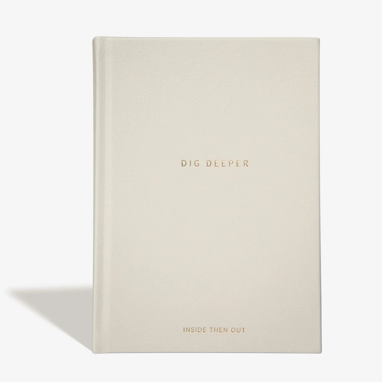 A white hardcover book with gold lettering titled 'Dig Deeper' and the subtitle 'Inside Then Out' on the cover.