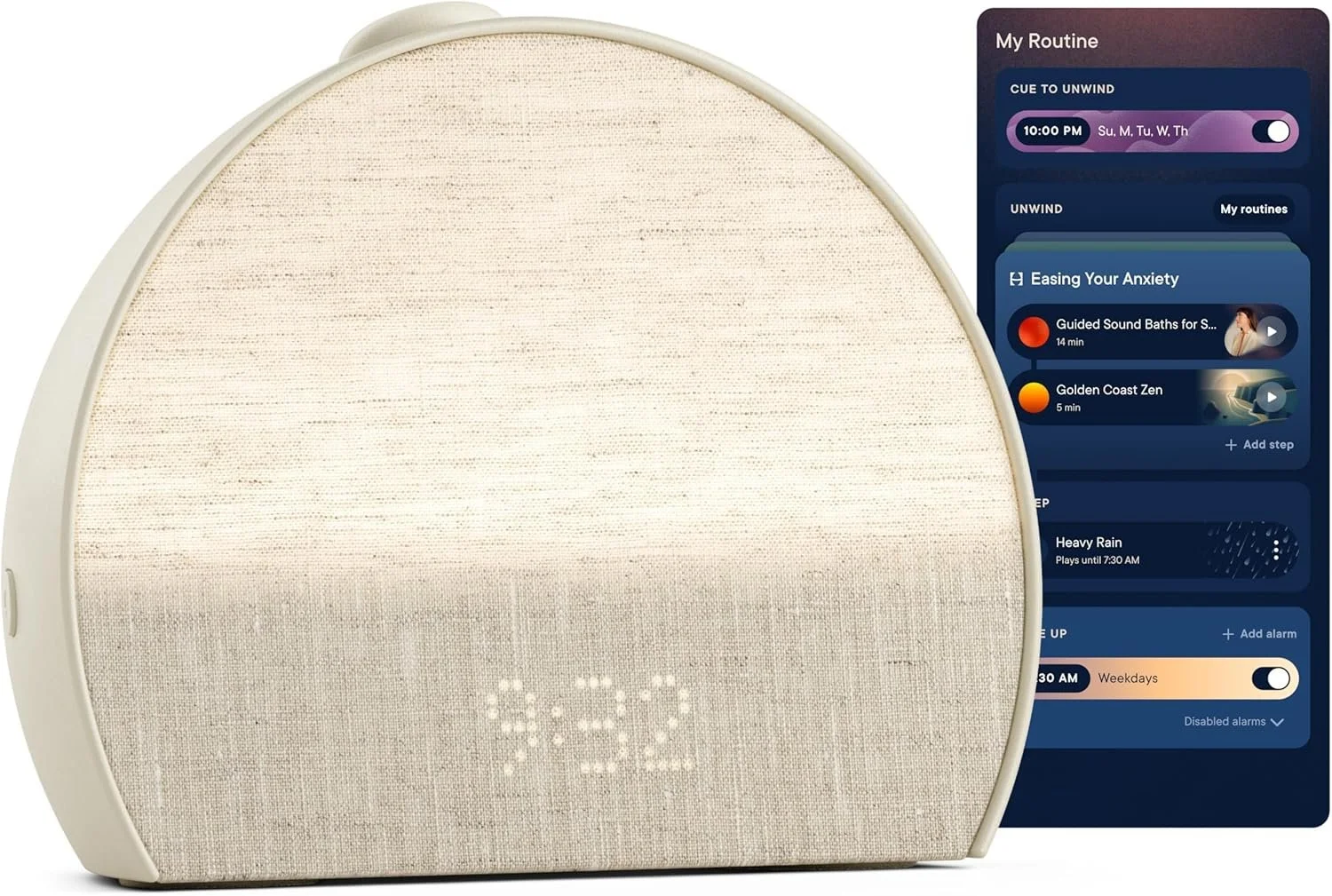 A light-colored smart meditation or sleep aid device with a fabric surface next to a digital app interface showing a routine setup with scheduled activities and settings for relaxation and sleep.