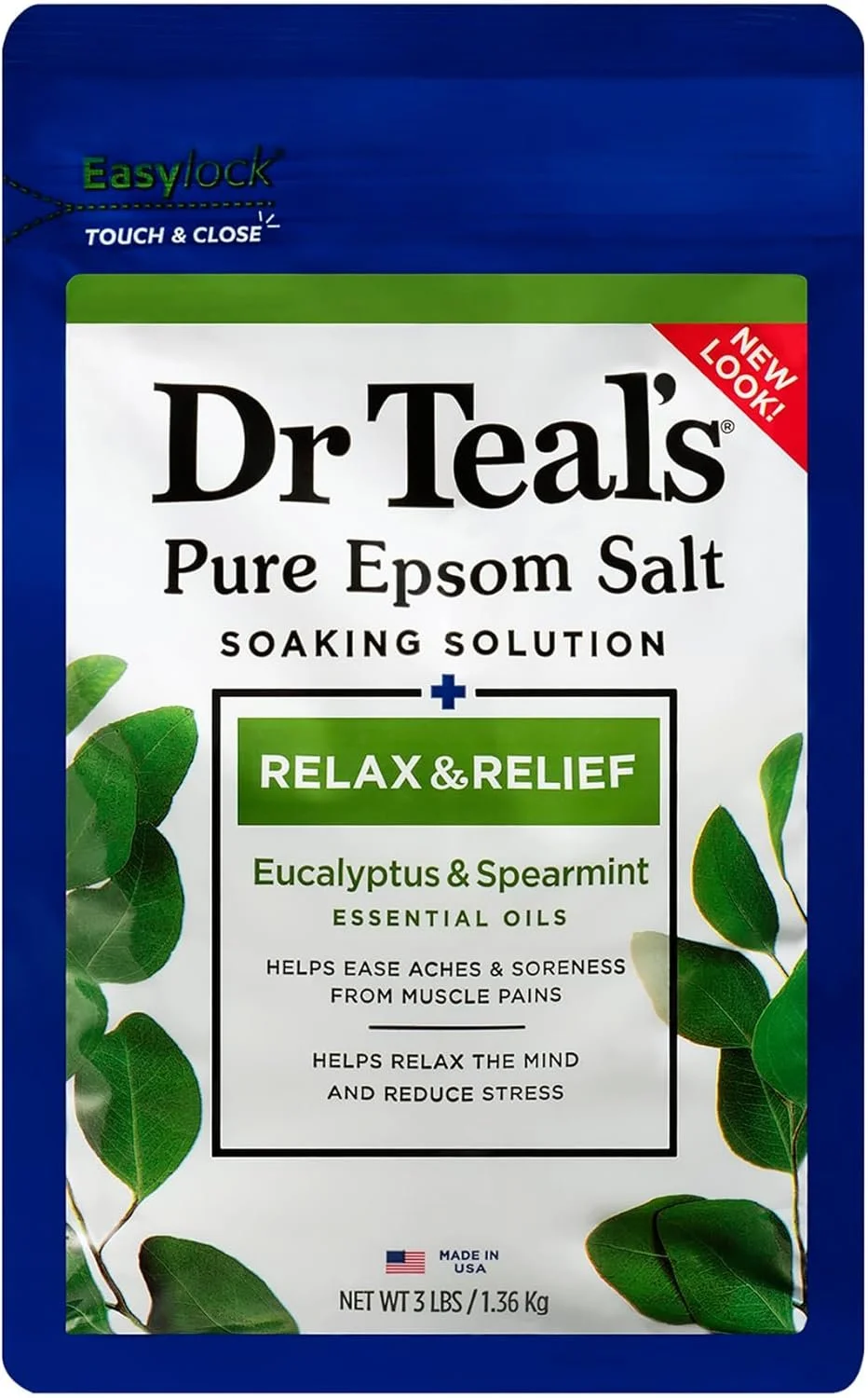 Package of Dr Teals Pure Epsom Salt soaking solution with eucalyptus and spearmint essential oils, designed for relaxation and relief from aches, muscle pains, stress, and soreness.