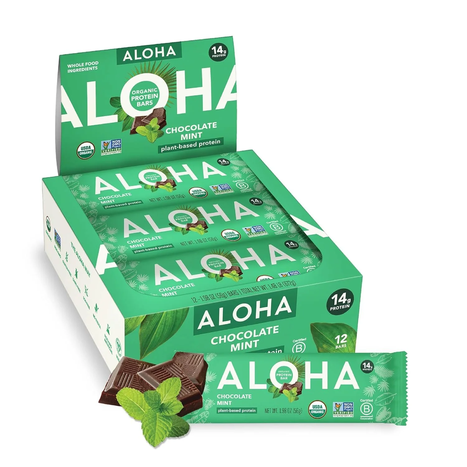 A box of Aloha Chocolate Mint plant-based protein bars, with individual bars, chocolate pieces, and mint leaves in front.