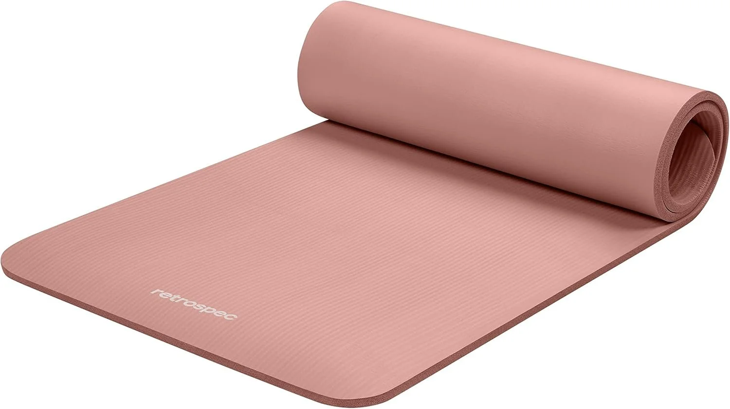 A pink yoga mat rolled partially unrolled, showing a textured surface and the brand name 'retrospec' printed on it.