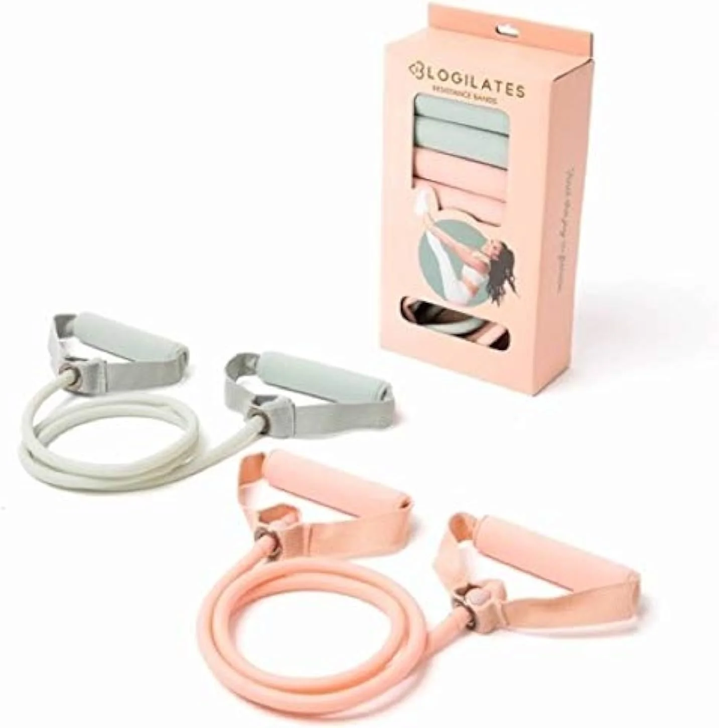Set of two yoga resistance bands, one white and one pink, with a pink box labeled 'Blogilates' with illustration of a woman exercising.