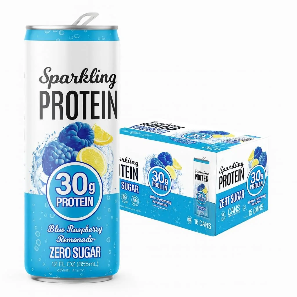 A can of sparkling protein drink in blue raspberry lemonade flavor, labeled as zero sugar, with blueberries and lemon slices on the can, and a box of 15 cans in the background.