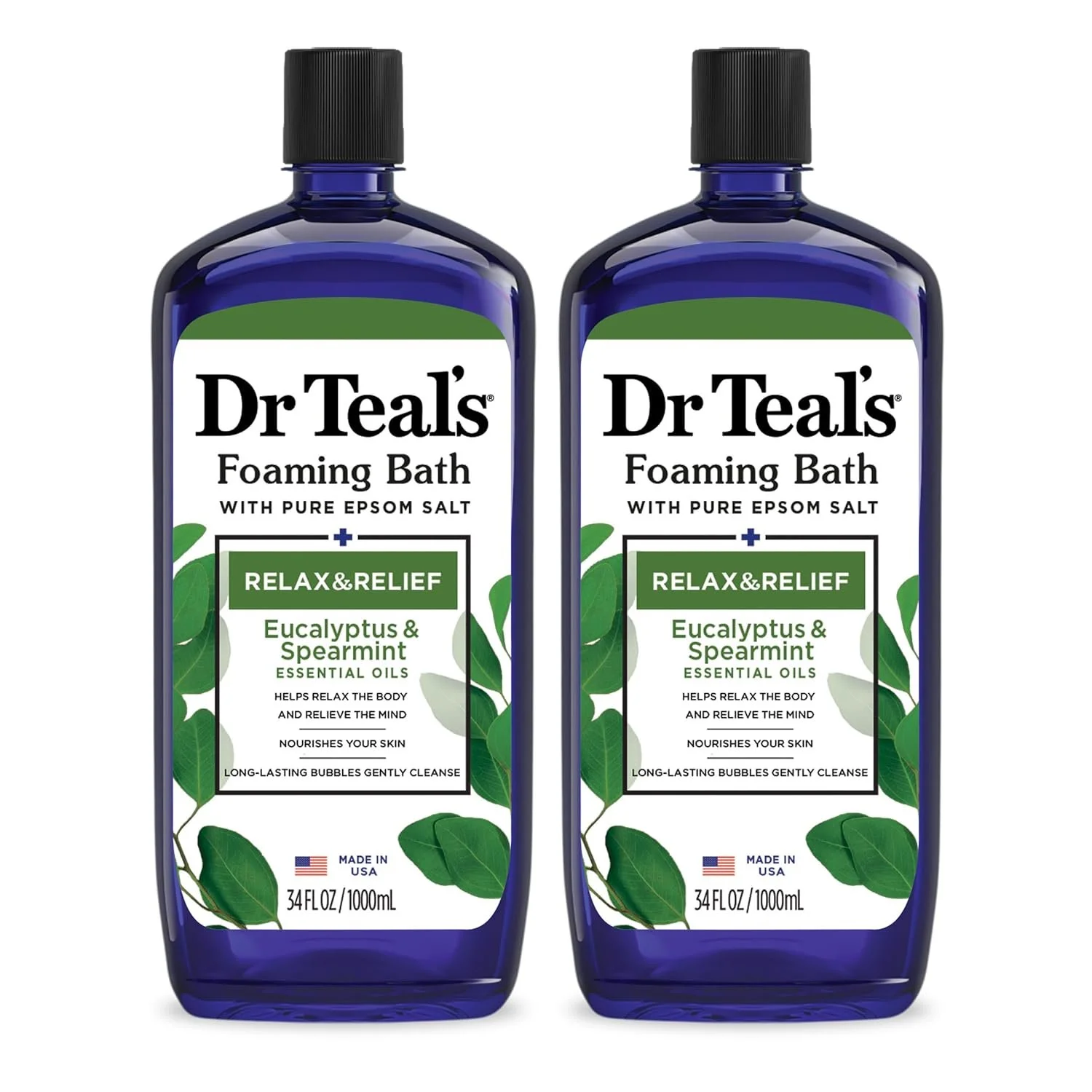 Two bottles of Dr Teal's Foaming Bath with eucalyptus and spearmint essential oils, labeled as relaxing and relieving, containing pure epsom salt, in 34 fl oz bottles.