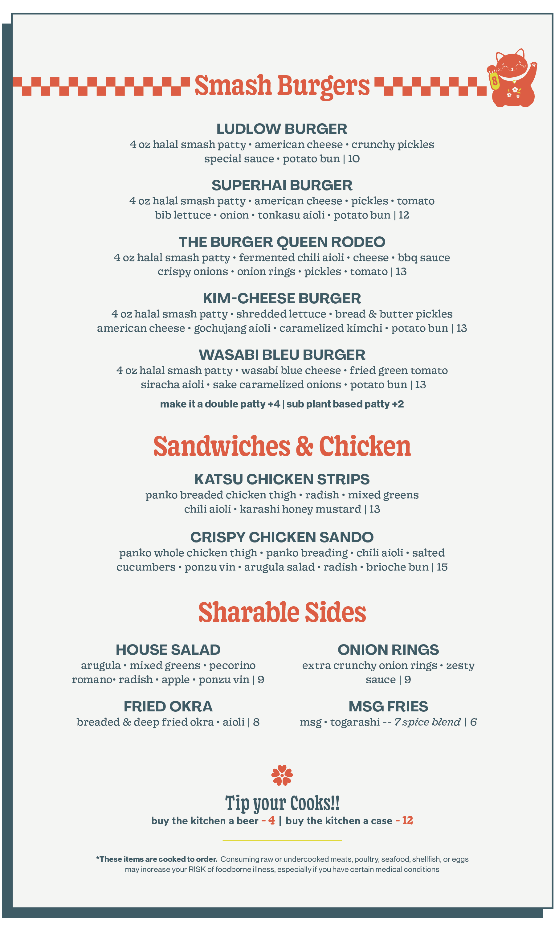 A restaurant menu from Smash Burgers with sections for burger options, sandwiches, chicken, and sharable sides, featuring items like Ludlow Burger, Superhai Burger, Kim-Cheese Burger, Katsu Chicken Strips, and MSG Fries.
