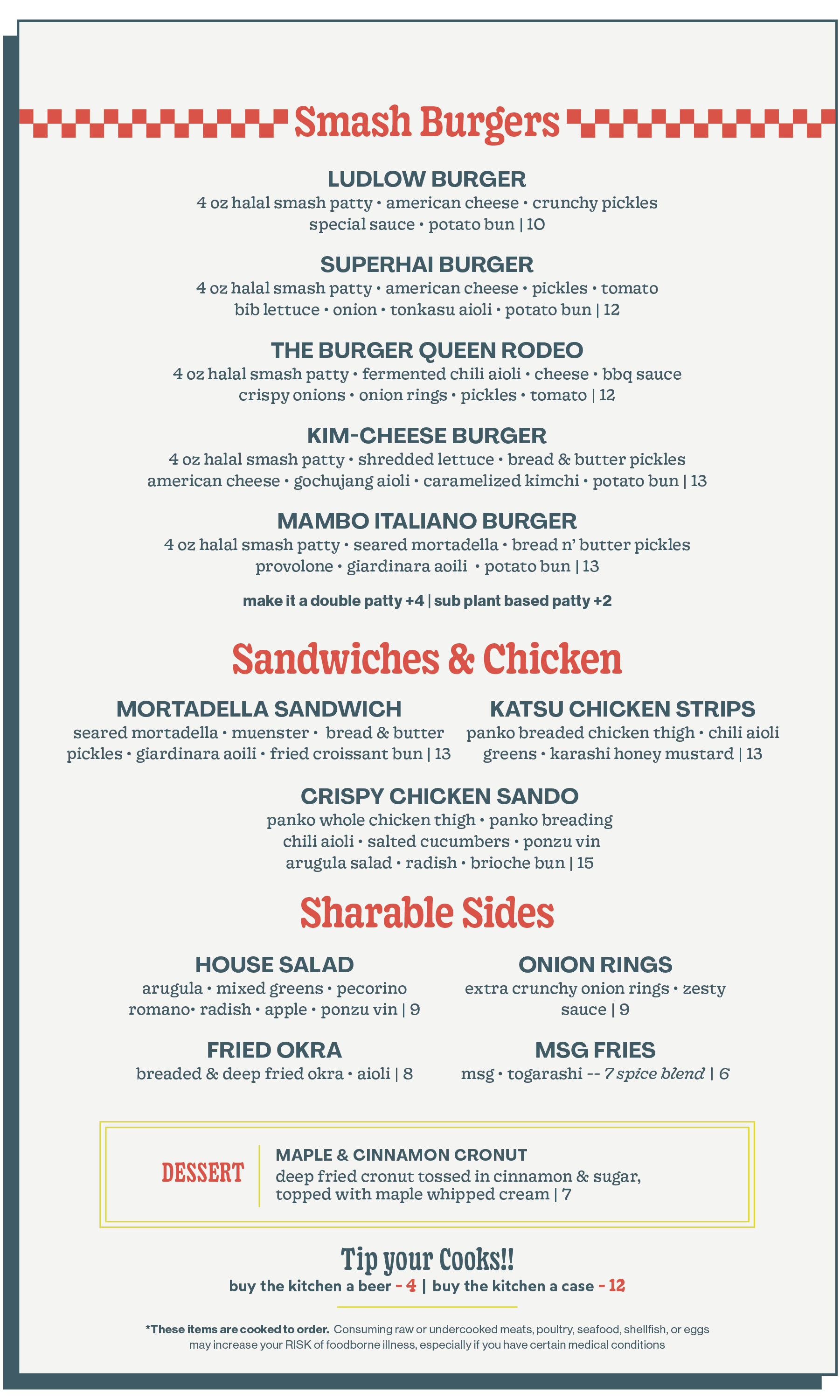 Menu from Smash Burgers listing various burger and chicken sandwich options, sides, and a dessert, with prices.