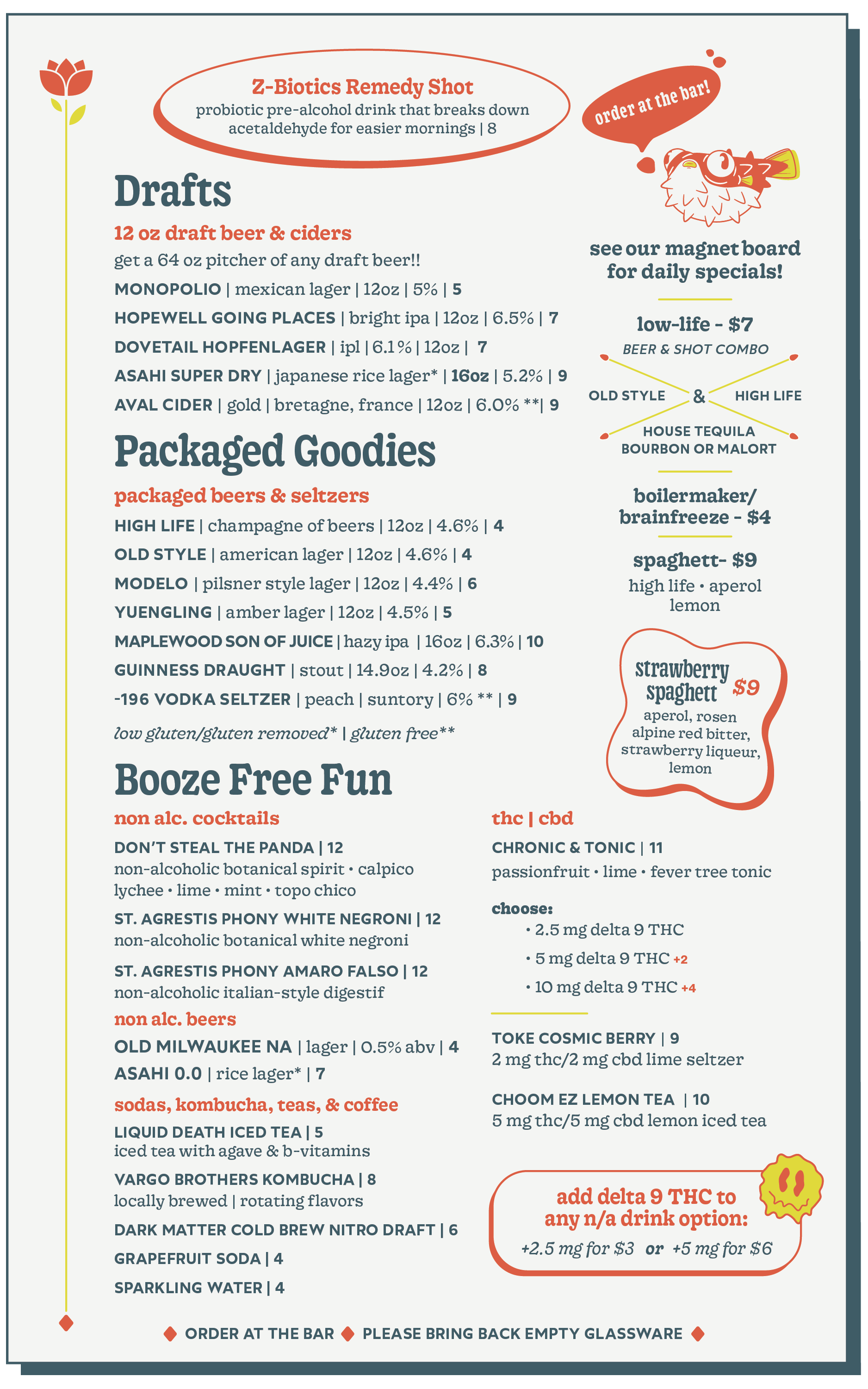 Menu displaying various craft beers, ciders, non-alcoholic drinks, and cocktails with a floral design in the corner. Highlights include draft beers, packaged beers, non-alcoholic beverages, and THC-infused options.