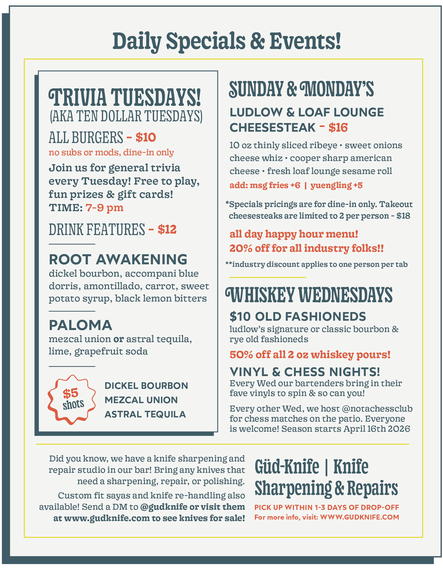 A menu poster titled 'Daily Specials & Events!' featuring sections on Trivia Tuesdays with $10 all burgers, Sunday & Monday's cheesesteak at $16, Whiskey Wednesdays offering $10 old fashioneds and 50% off whiskey pours, and Vinyl & Chess Nights with vinyl spin and chess matches. It also advertises a knife sharpening and repair studio, with details on contact and website.