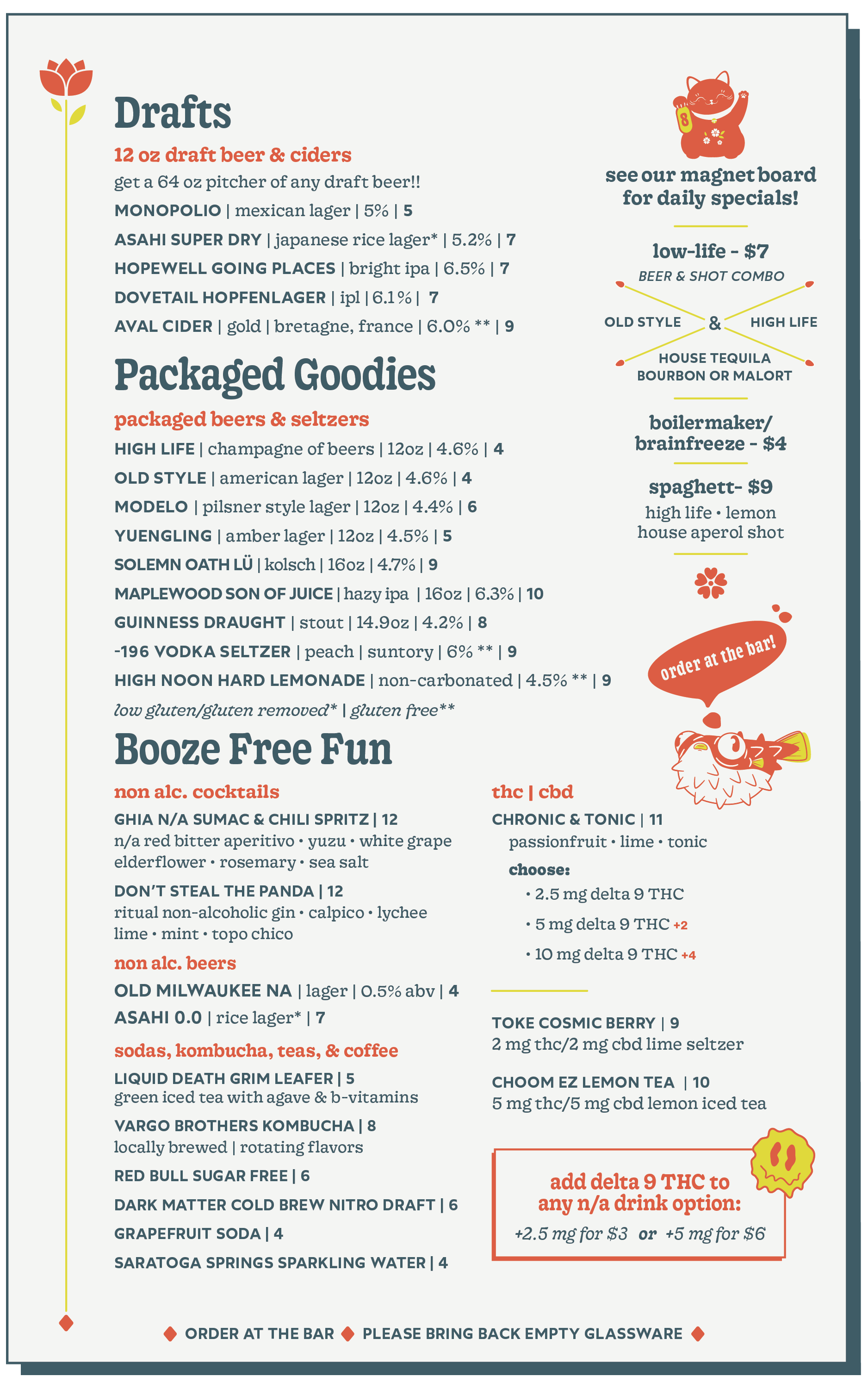 Drink menu with sections for drafts, packaged goodies, and booze-free fun drinks. Features beers, seltzers, cocktails, and non-alcoholic beverages with prices, descriptions, and alcohol content details.