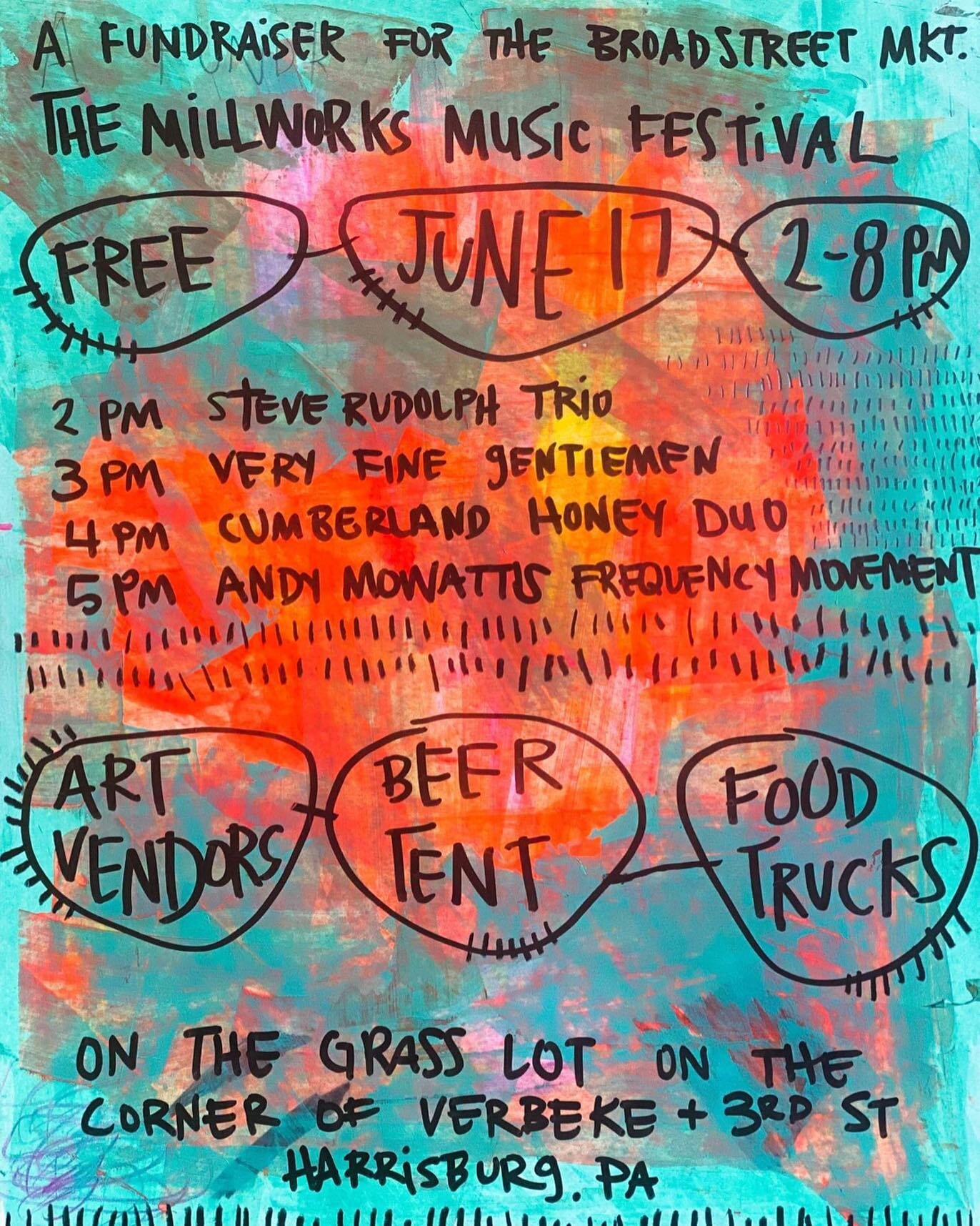 Saturday 6/17: free outdoor all ages show to benefit @broadstreetmarket in Harrisburg PA. Lawn at @the_millworks with Steve Rudolph @theveryfinegentlemen @cumberlandhoneypa @amfm_andy