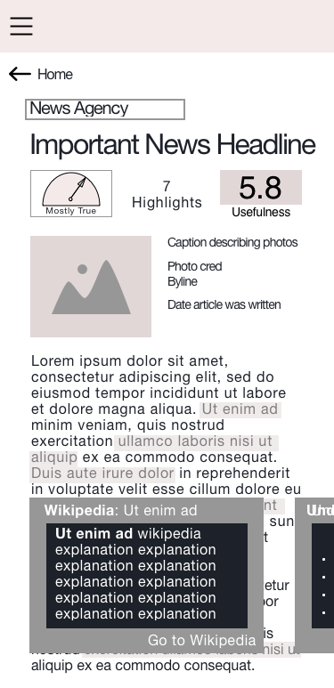 From the news feed, users will find similar indicators for the article as well as be able to click on the text to lookup contextual information and articles form other news sources on the same topic The carousel pops up when a text is clicked on, similar to the Kindle's carousel The highlighted text is user-submitted notes / commentary