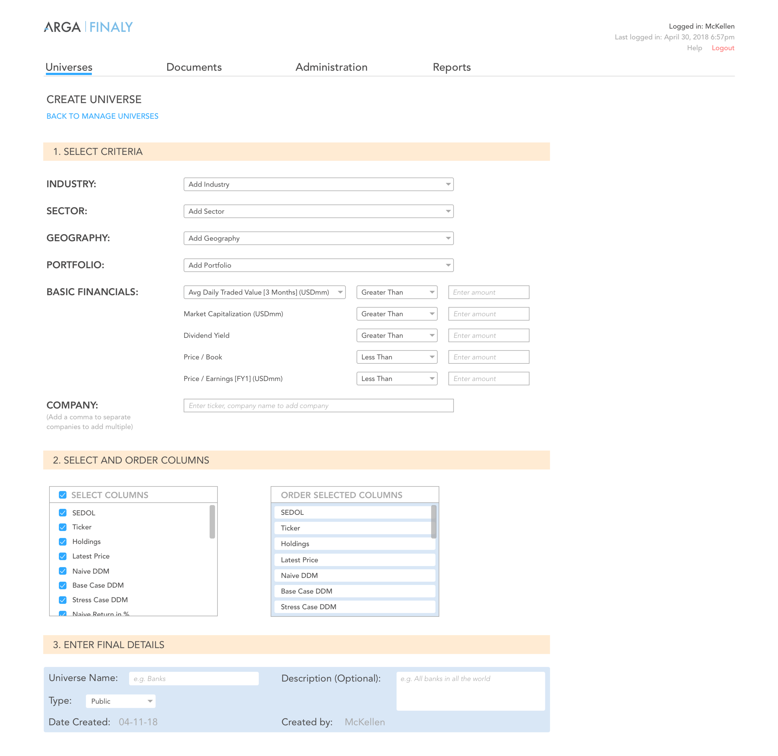 Finalized Redesign of Create Universe