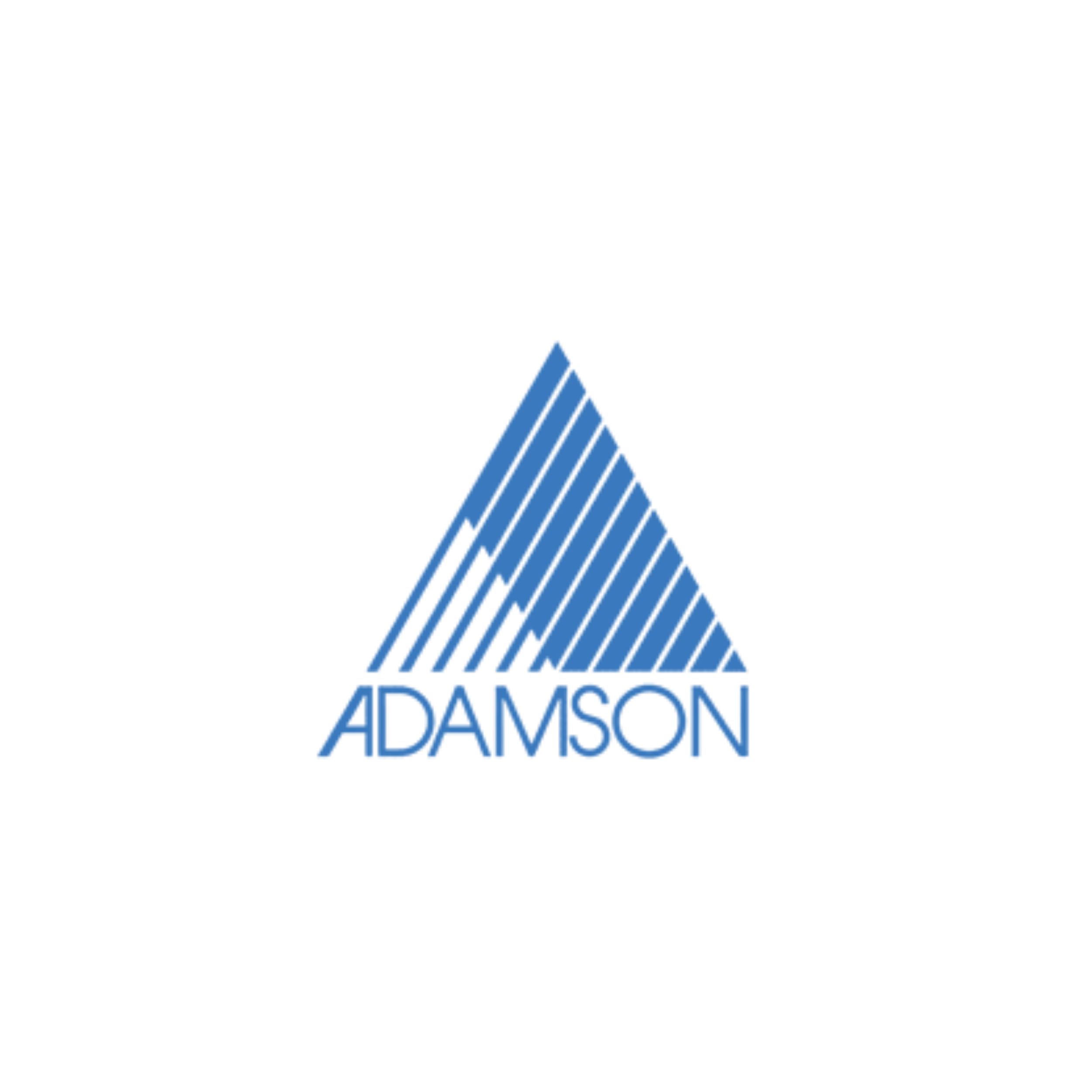 A neon sign displaying the word 'ADAMSON' with a stylized triangular design above it, rendered in blue and white colors.