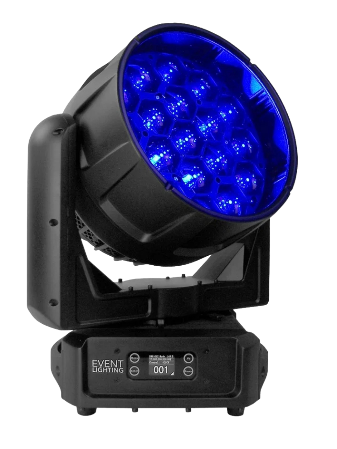 Black adjustable stage spotlight with blue LED lights.