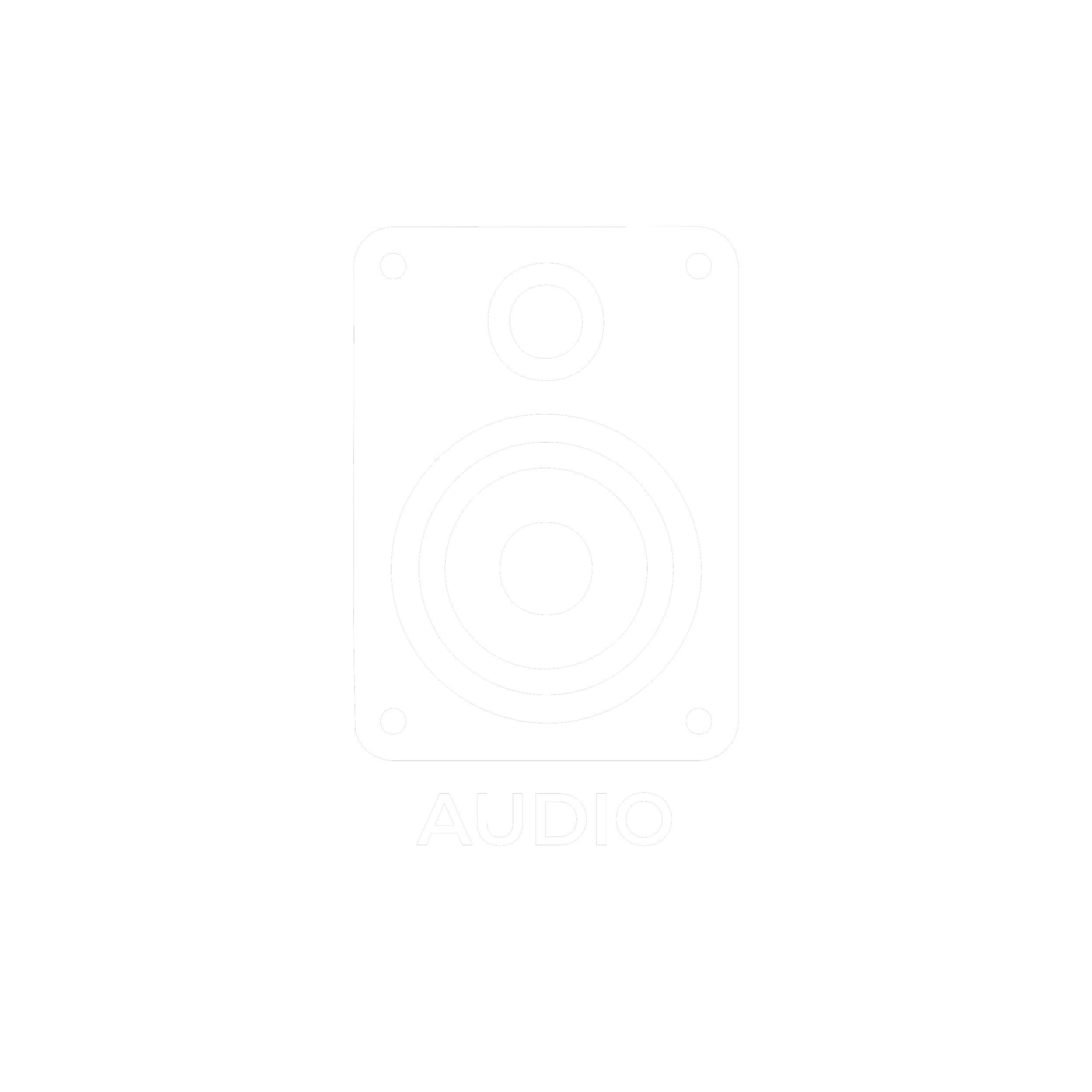 Black icon of a speaker with sound waves and the text 'AUDIO' underneath.