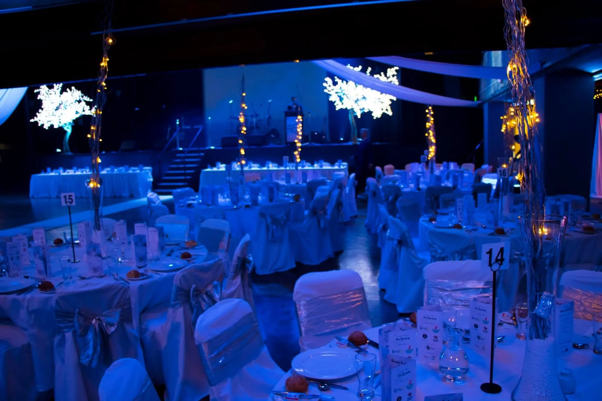 Sutherland Shire Council Mayoral Ball ballroom in blue lighting by LKR Productions