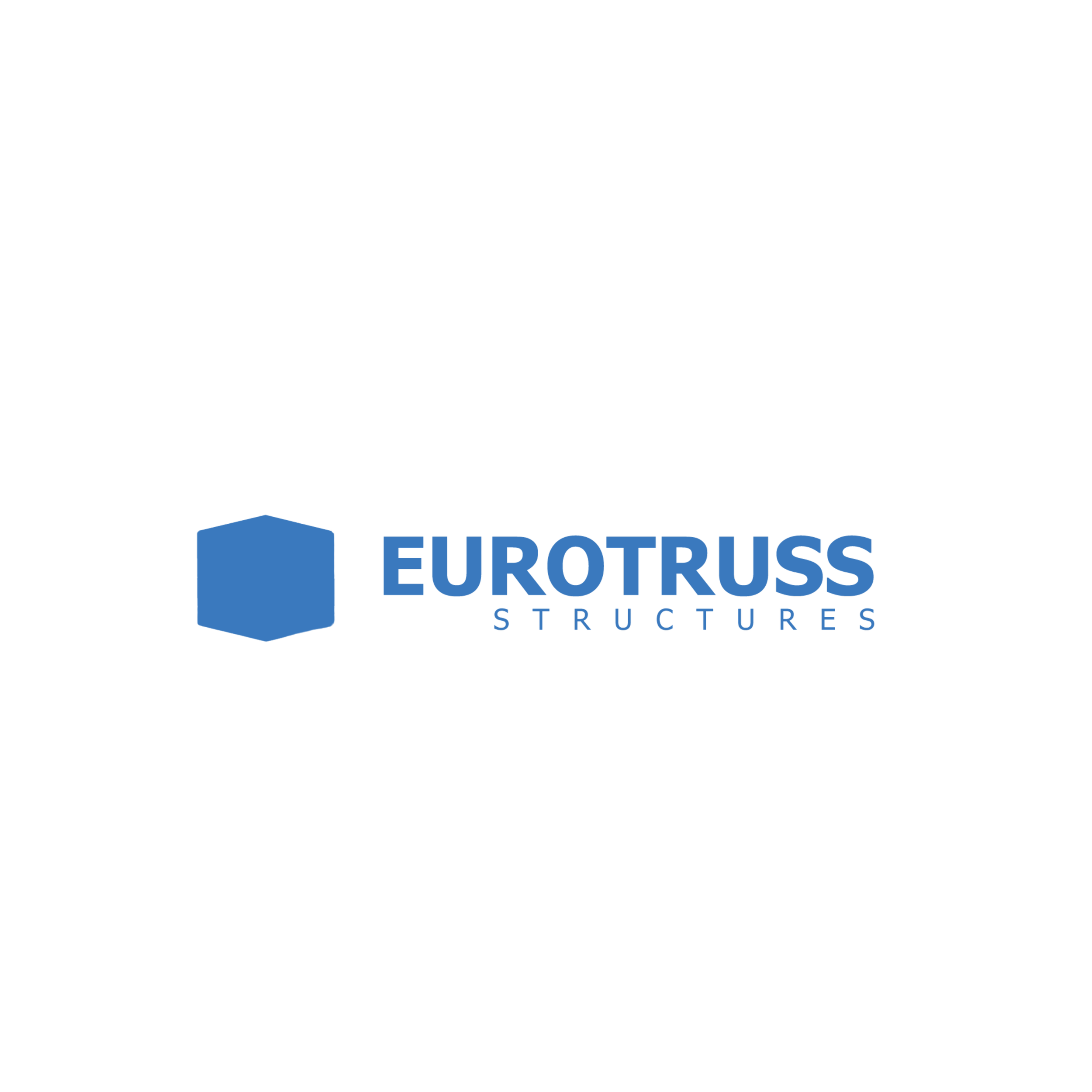 Eurotruss Structures logo with a black background, featuring a blue cube icon to the left of the company name in blue and white text.