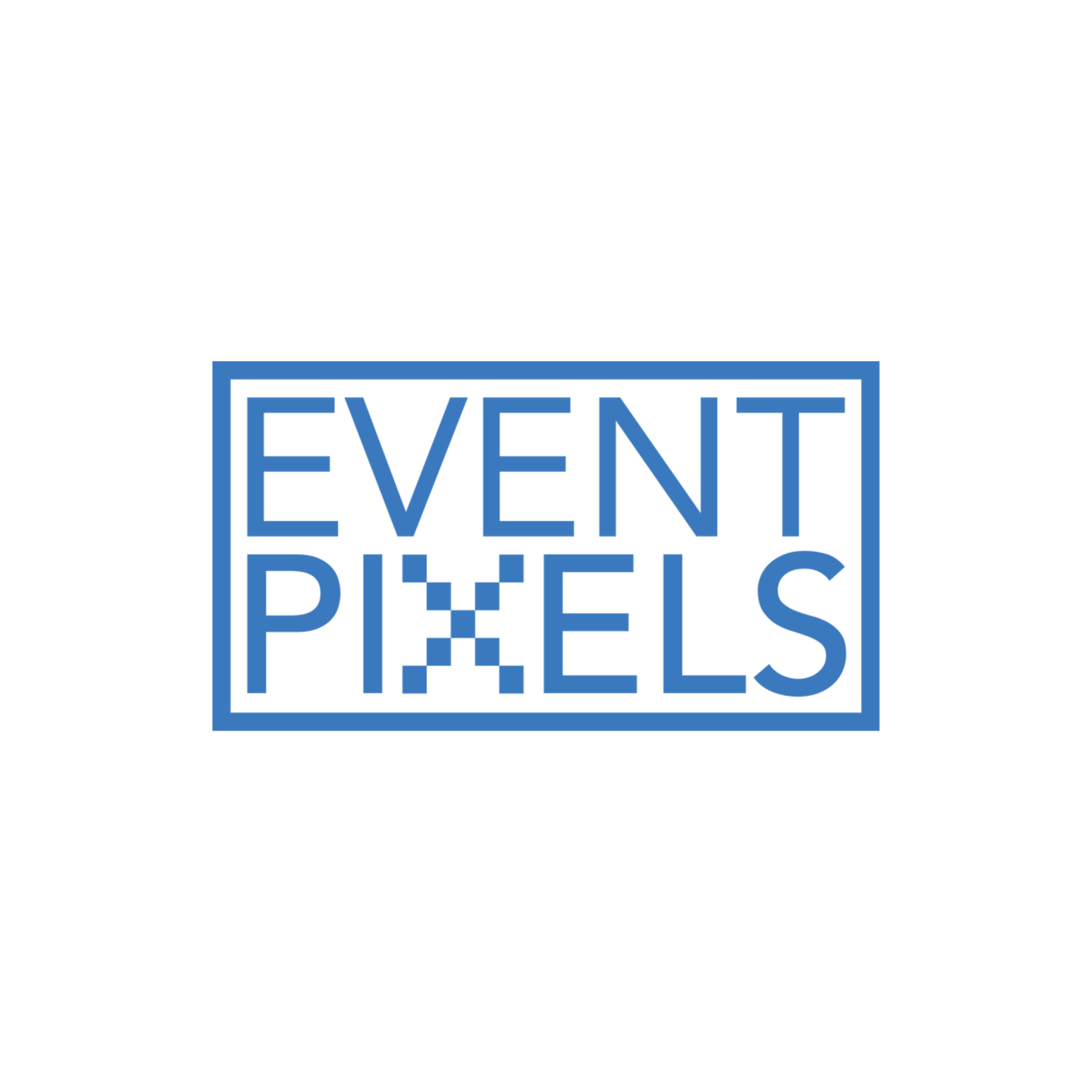 Black background with bright blue outlined square logo and the words "EVENT, EVENT, EVENT" inside the square.