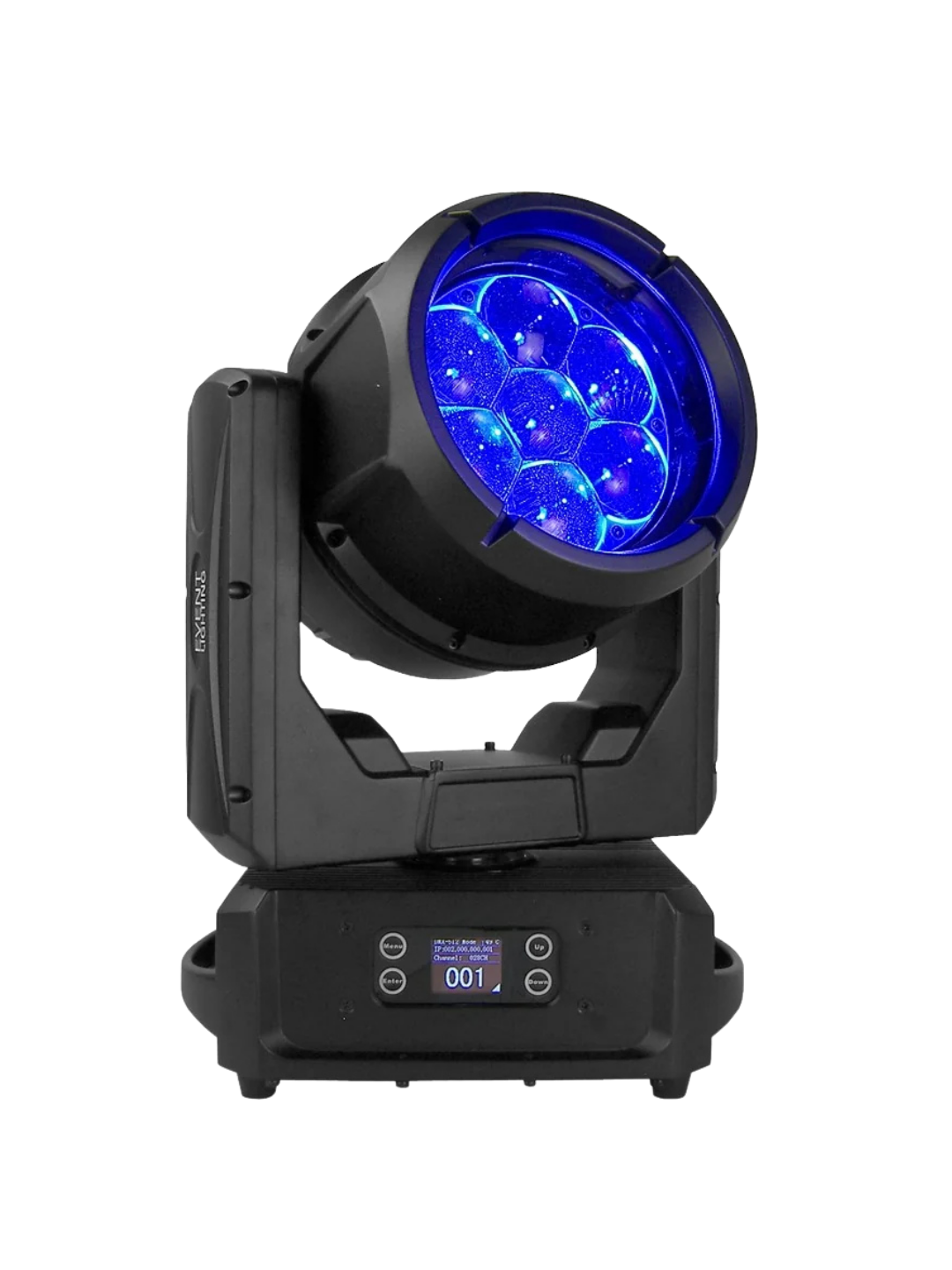 A black moving head LED stage light with a blue light pattern shining through the front lens, mounted on a digital control base.