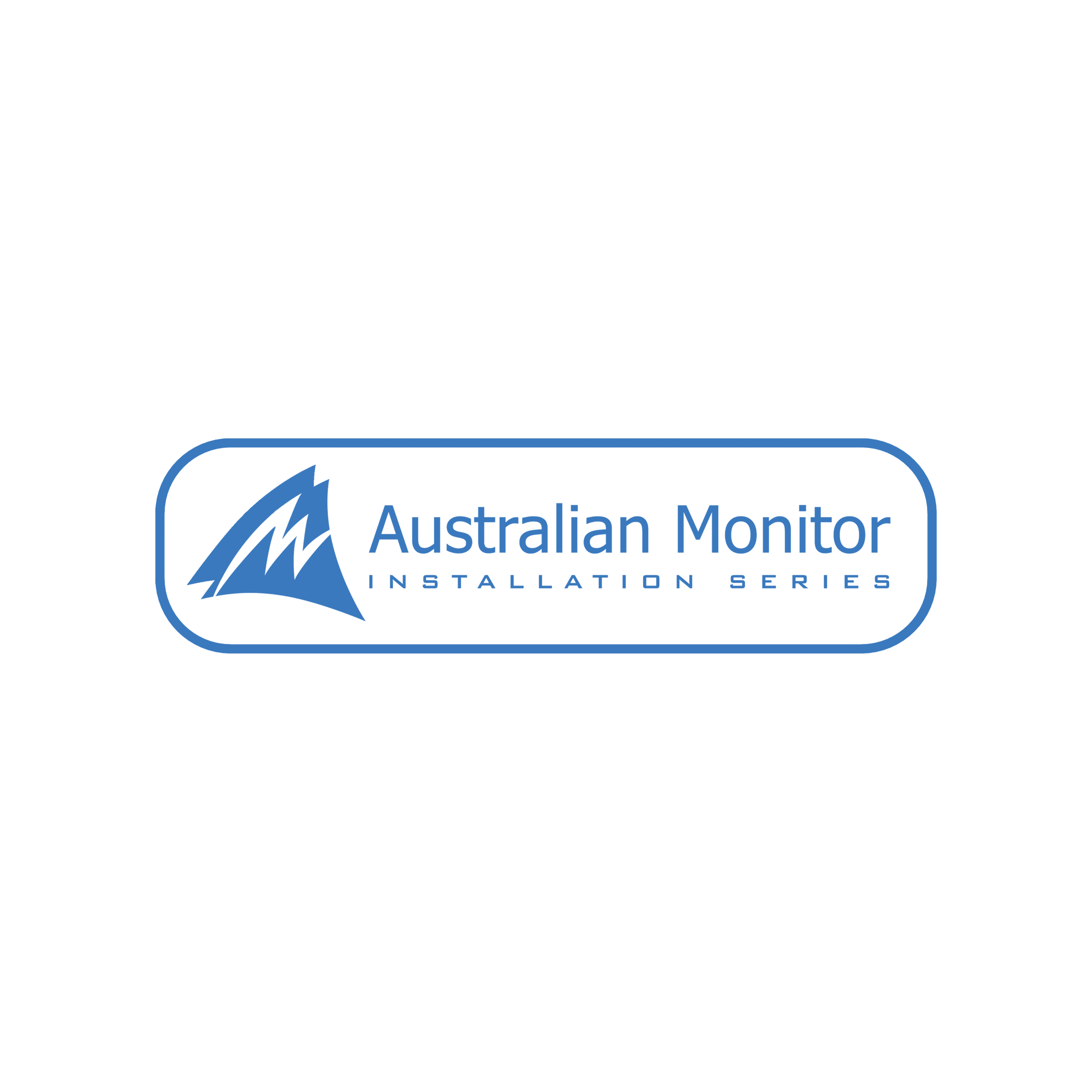 Logo of Australian Monitor, part of the Installed Sound series, with a stylized mountain peak in blue and the company name in blue text.