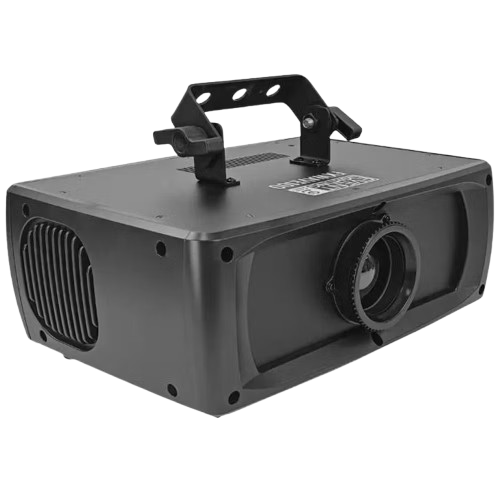 A black portable projector with a handle on top, a protruding lens in the front, and vent openings on the side.