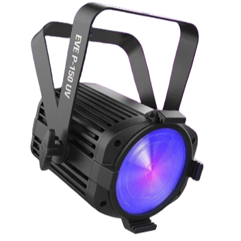 A stage or DJ light with a black cylindrical body and purple and blue lights, equipped with adjustable brackets for mounting, labeled with EV P-150 UV.