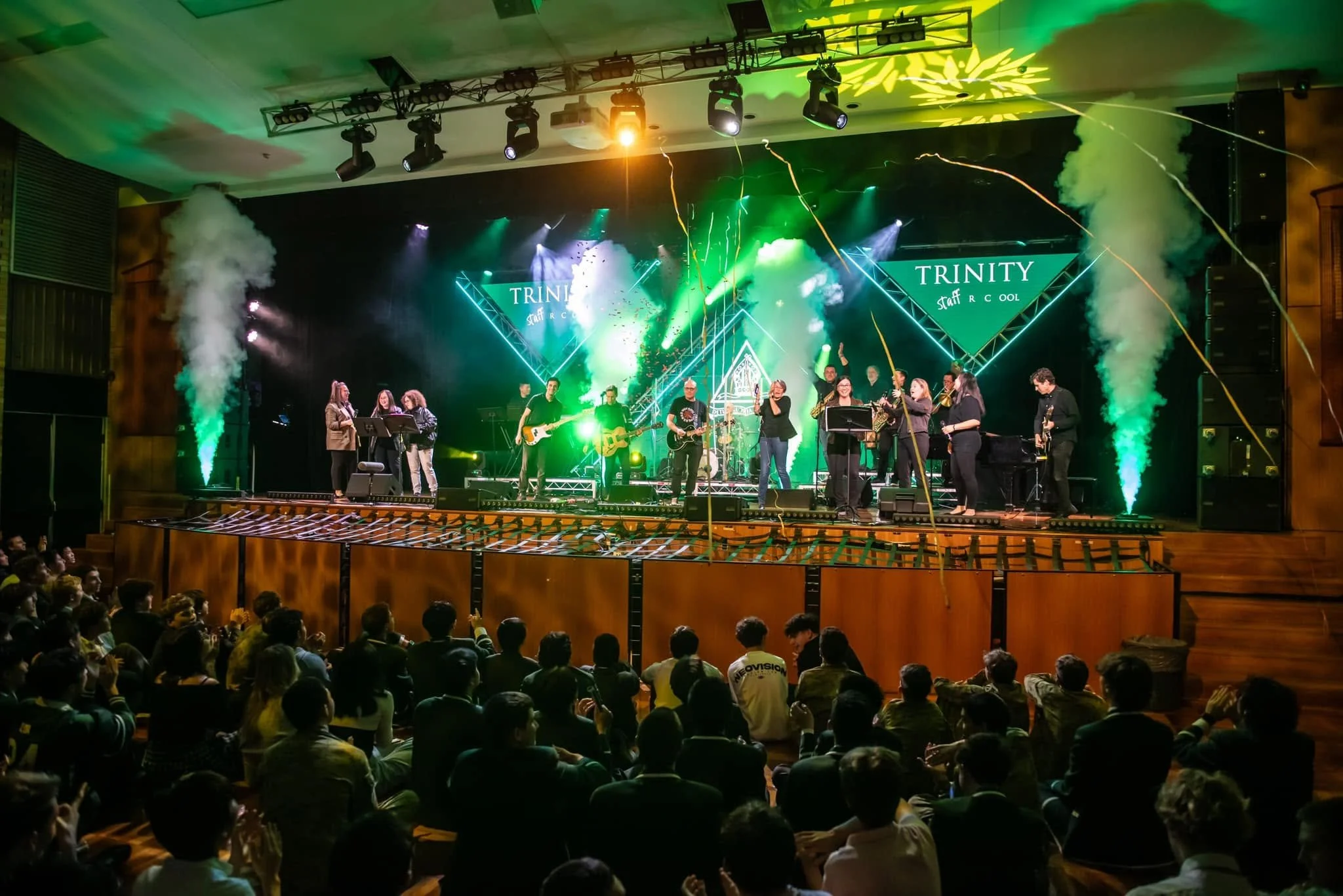 School hall stage with lighting and effects by LKR Productions for Trinity Grammar Battle of the Bands
