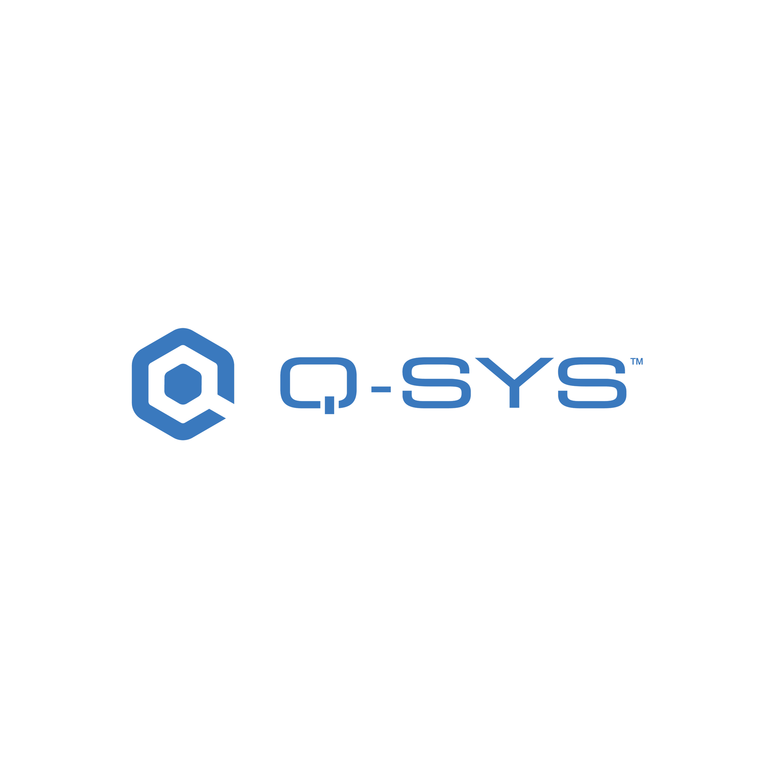 QSYS company logo featuring a hexagonal graphic and the text 'QSYS' in blue.