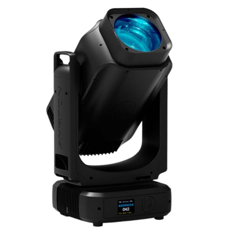 A professional moving head stage light with a black body and blue lens, mounted on a base with an electronic display and controls.