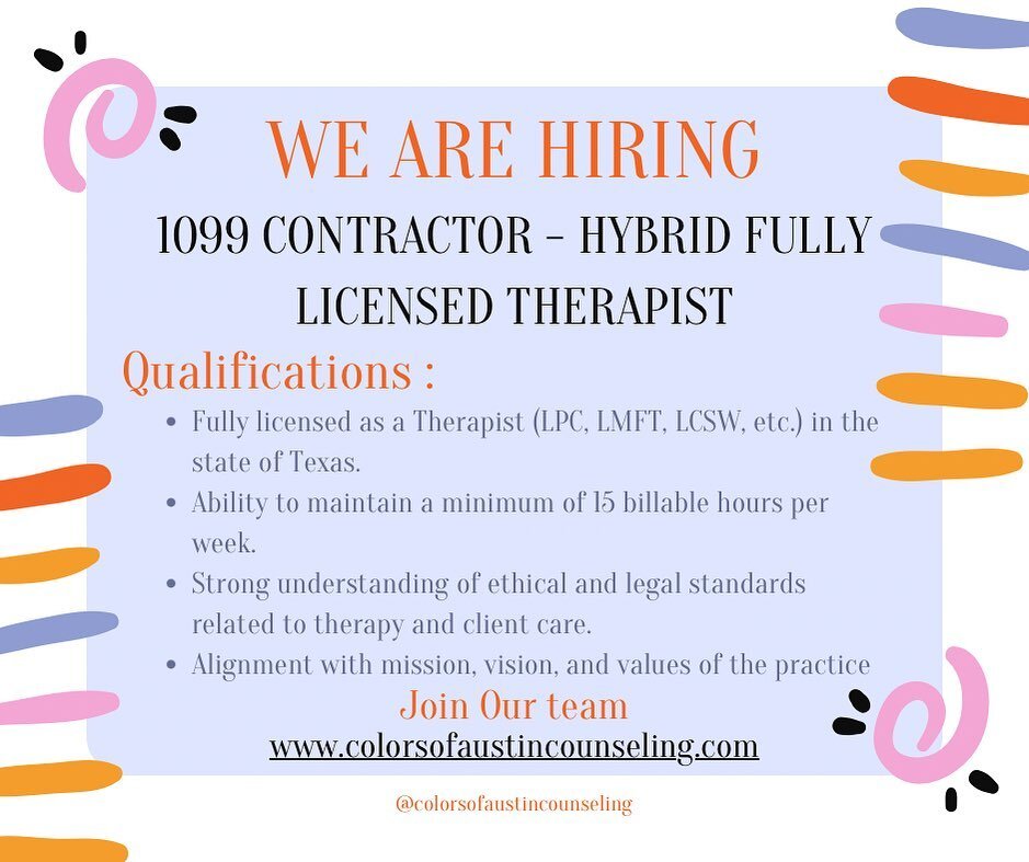 📢Want to join our team?☀️

Looking to join a team of care workers who are rooted in social justice? 

We&rsquo;re hiring: 1099 Contractor-Hybrid Fully Licensed Therapist. 

We&rsquo;d love to hear from you!☀️

Visit our website for more info on how 