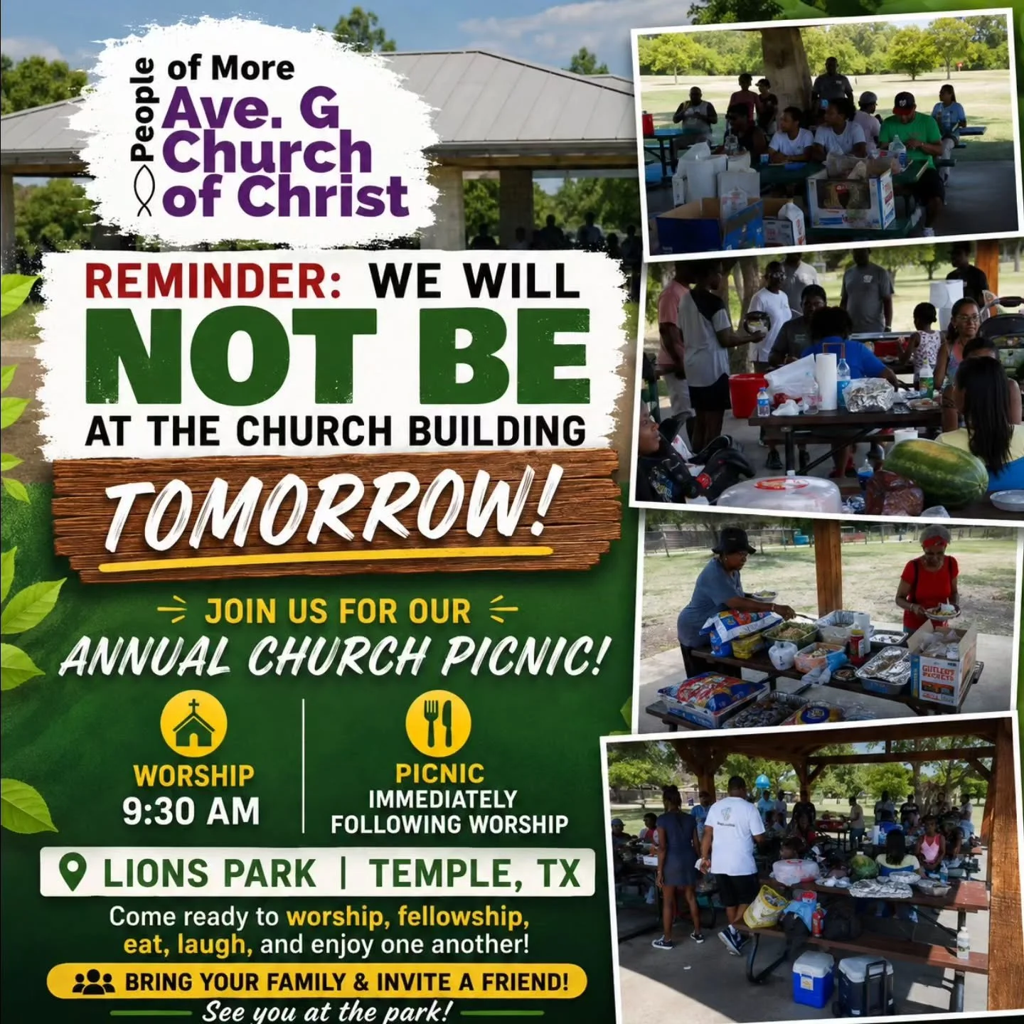 JOIN US FOR WORSHIP AND FELLOWSHIP TOMORROW AT LIONS PARK 👑🌳☀️🥘&hearts;️

We will be having delicious food, so don't be on a diet!