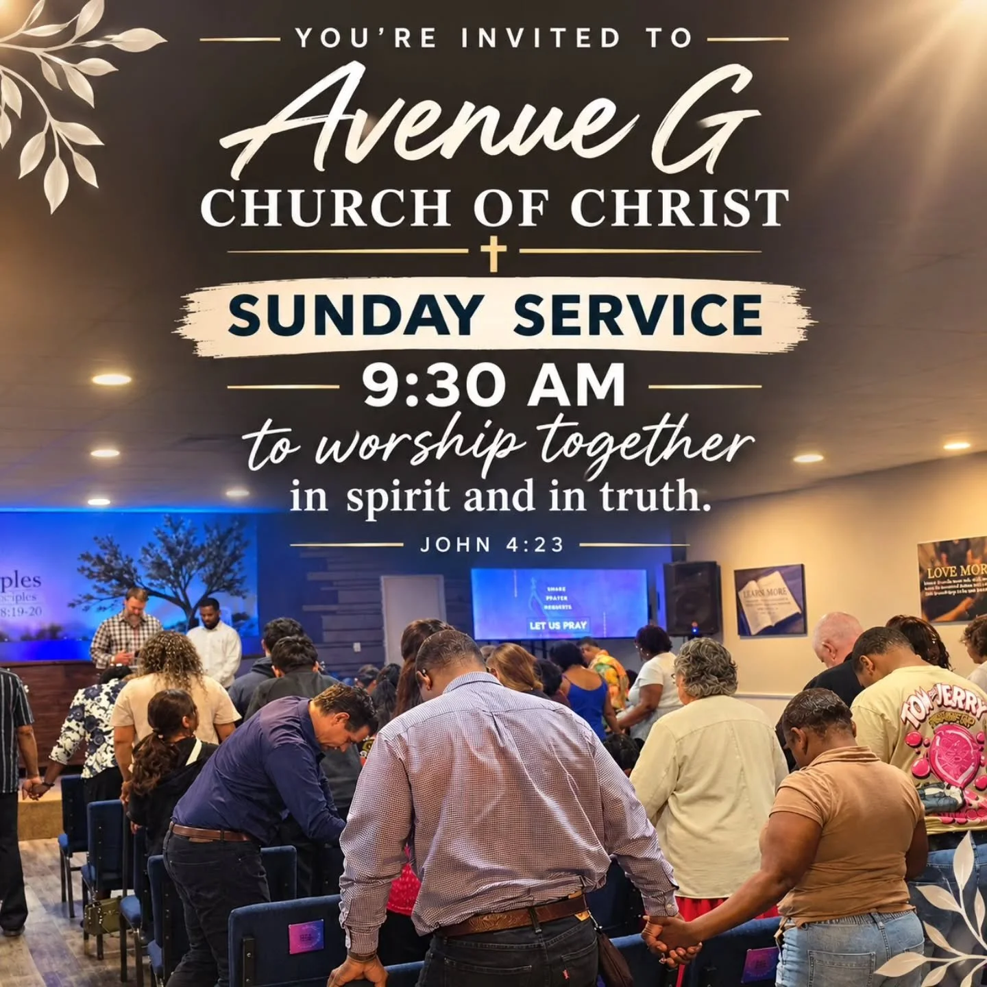 Join us tomorrow Sunday at Avenue G Church of Christ as we come together to worship in spirit and in truth. 🙏🏽

Let&rsquo;s set aside the distractions of the week and gather as one body to praise, encourage one another, pray, and grow closer to Chr