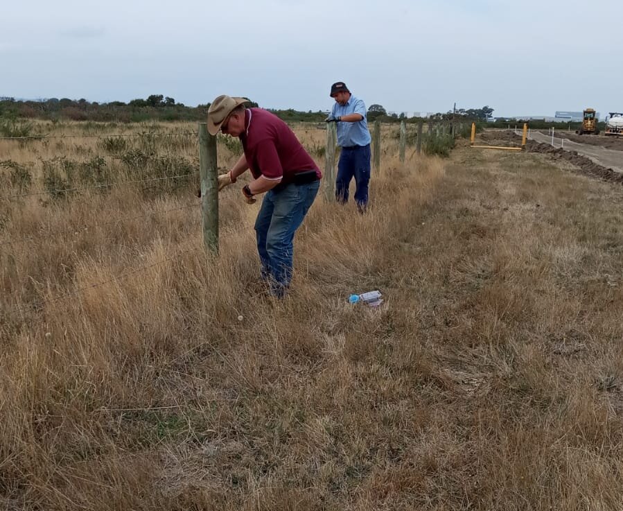  27/2  Simon and Ben work on repairing the fence along the entry road to prevent cattle coming on our new runways   