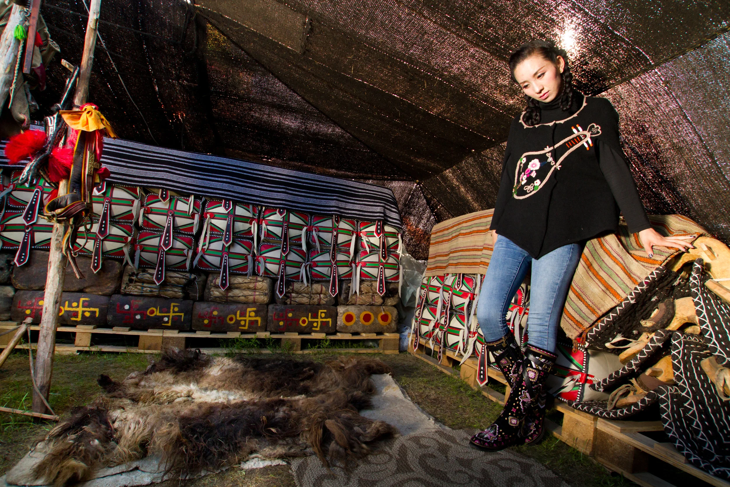 Inside a typical nomad family black tent. These tents have made it possible for Tibetan communities to move easily with their herds to go up the mountains to pasture in the summer and back down to lower lands in the winter.