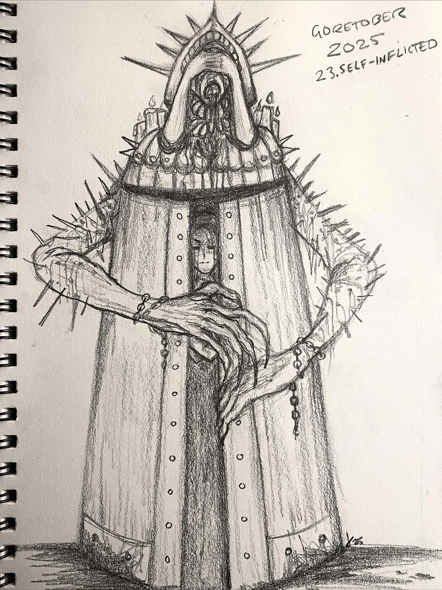 Goretober Day 23: Self-Inflicted 
I built this shell to feel control, 
but spikes within pierce my soul.

Drawn with Blackwing graphite pencil ✍🏻

#xxanemiagoretober2025 #goretober2025 #graphitesketch #horrorart