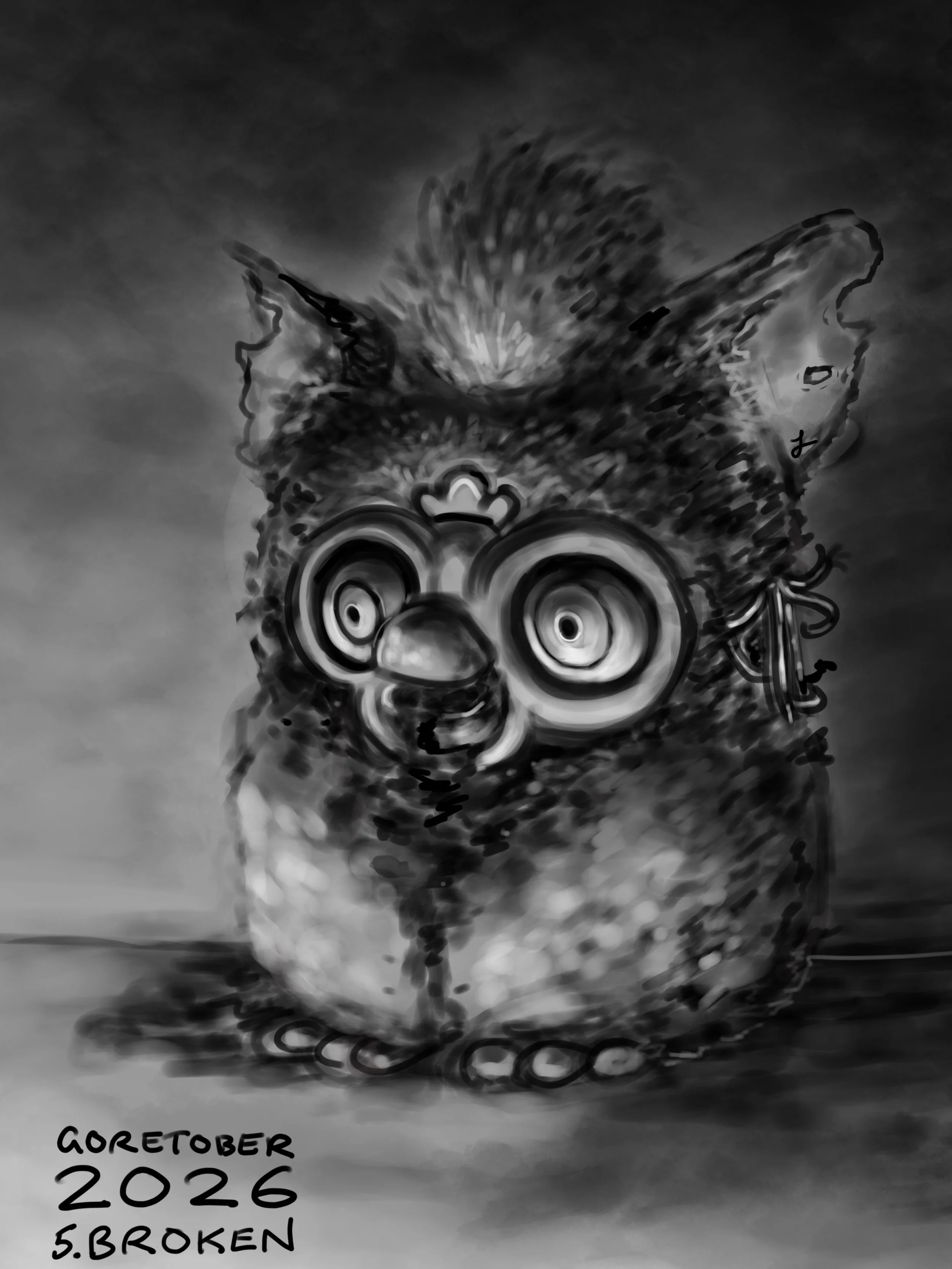 Goretober Day 5: Broken
Don&rsquo;t feed Furby after midnight.. 

Drawn w Procreate ✍🏻
#xxanemiagoretober2026 #goretober2026 #horrorart