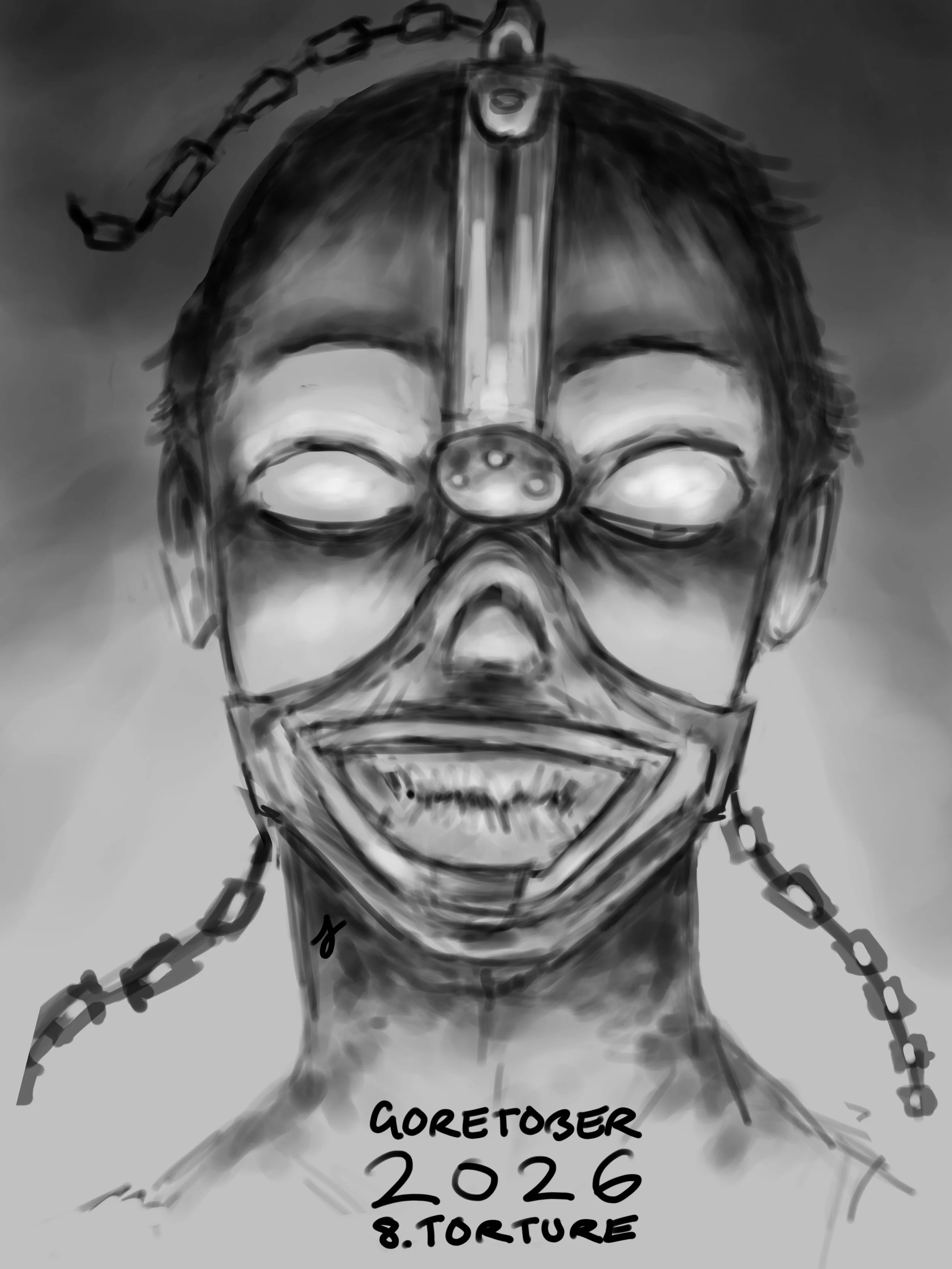 Goretober Day 8: Torture
Inspired by the Scold&rsquo;s bridle, which was used a punishment mask to publicly punish and humiliate people 😬

Drawn with Procreate ✍🏻
#xxanemiagoretober2026 #goretober2026 #horrorart