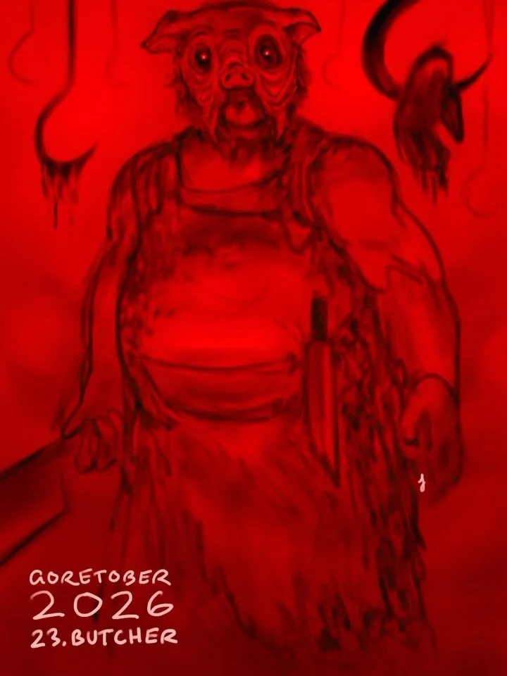 Goretober Day 23: Butcher 
&ldquo;I am Pig Man, oink.&rdquo;

Drawn with Procreate ✍🏻
#xxanemiagoretober2026 #goretober2026 #horrorart